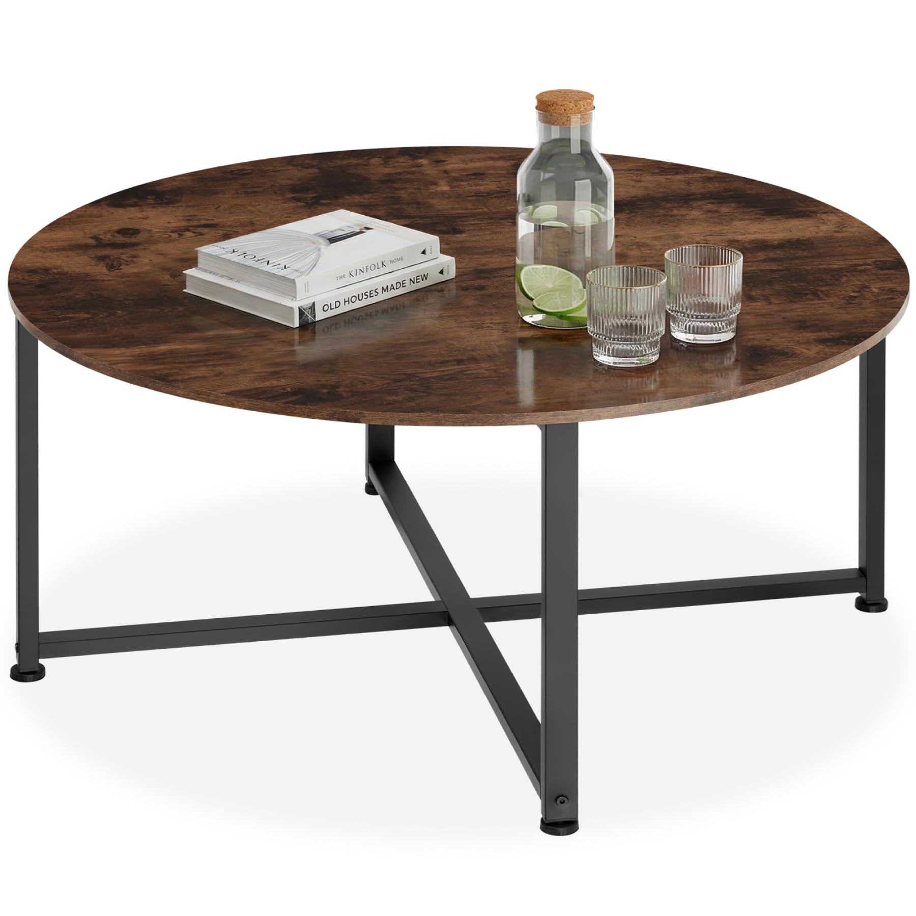 tectake® Couchtisch rund Holz und Metall, Beistelltisch rund, runder Tisch Wohnzimmer, Sofatisch, Wohnzimmertisch, Coffee Table Ø 88,5 cm, einfache Montage - Industrial Holz dunkel, rustikal