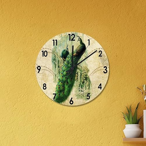 Miniatura 8 de Reloj de pared con dos pavos reales verdes, colorido pavo real, de PVC, reloj de pared de 10 pulgadas, reloj rústico de granja, silencioso, funciona