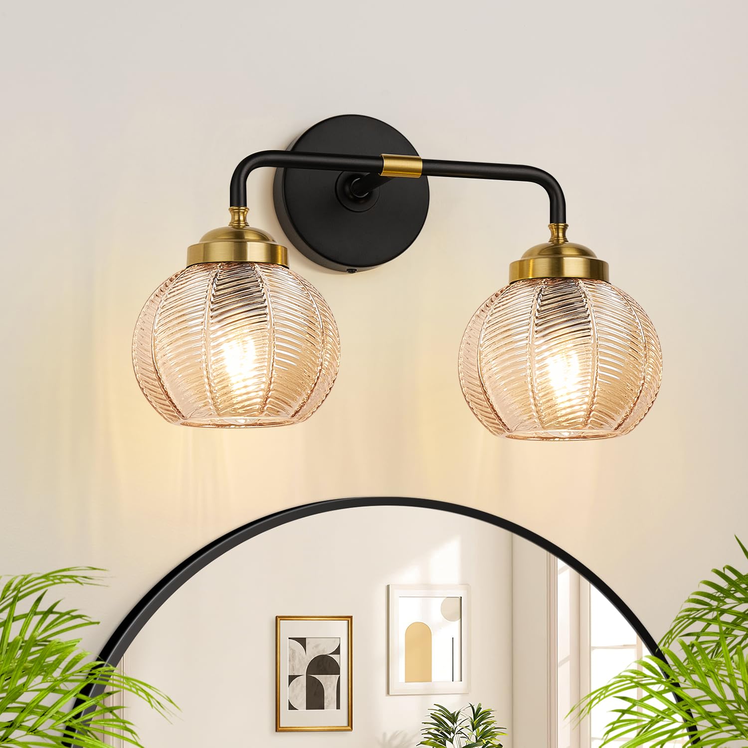 Photo 1 of MOKATNG Bathroom Light Fixtures, 2-Light Amber Vanity Lights with Unique Leaf Texture Glass Shade, Modern Matte Black and Gold Bathroom Wall Lamp for Mirror Hallway Cabinet Living Room