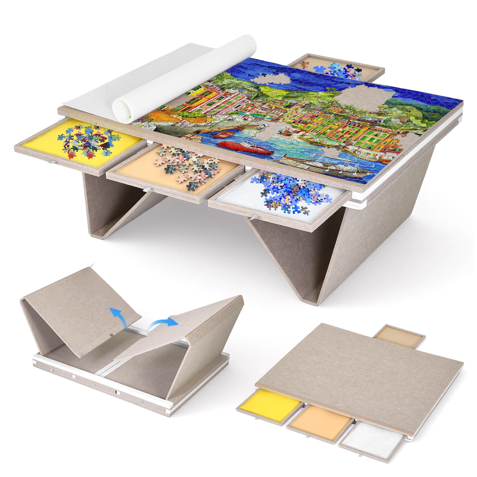 Table de Puzzle inclinable 3 en 1 avec Pieds Pliables, Angle réglable, Surface en Feutre Compatible avec Les Puzzles de 1500 pièces, 4 tiroirs de Couleur, légère et Portable