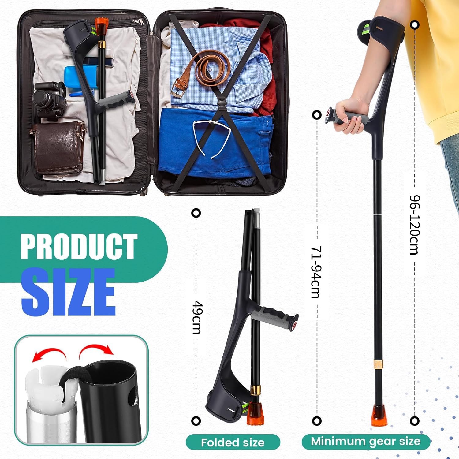 Muletas Adulto Plegable (x2 uds), Muletas de Antebrazo Ortopédicas de Aluminio, Altura Regulable de 10 Niveles, para Cirugía de Lesiones en las Piernas para Discapacitados, Mayores
