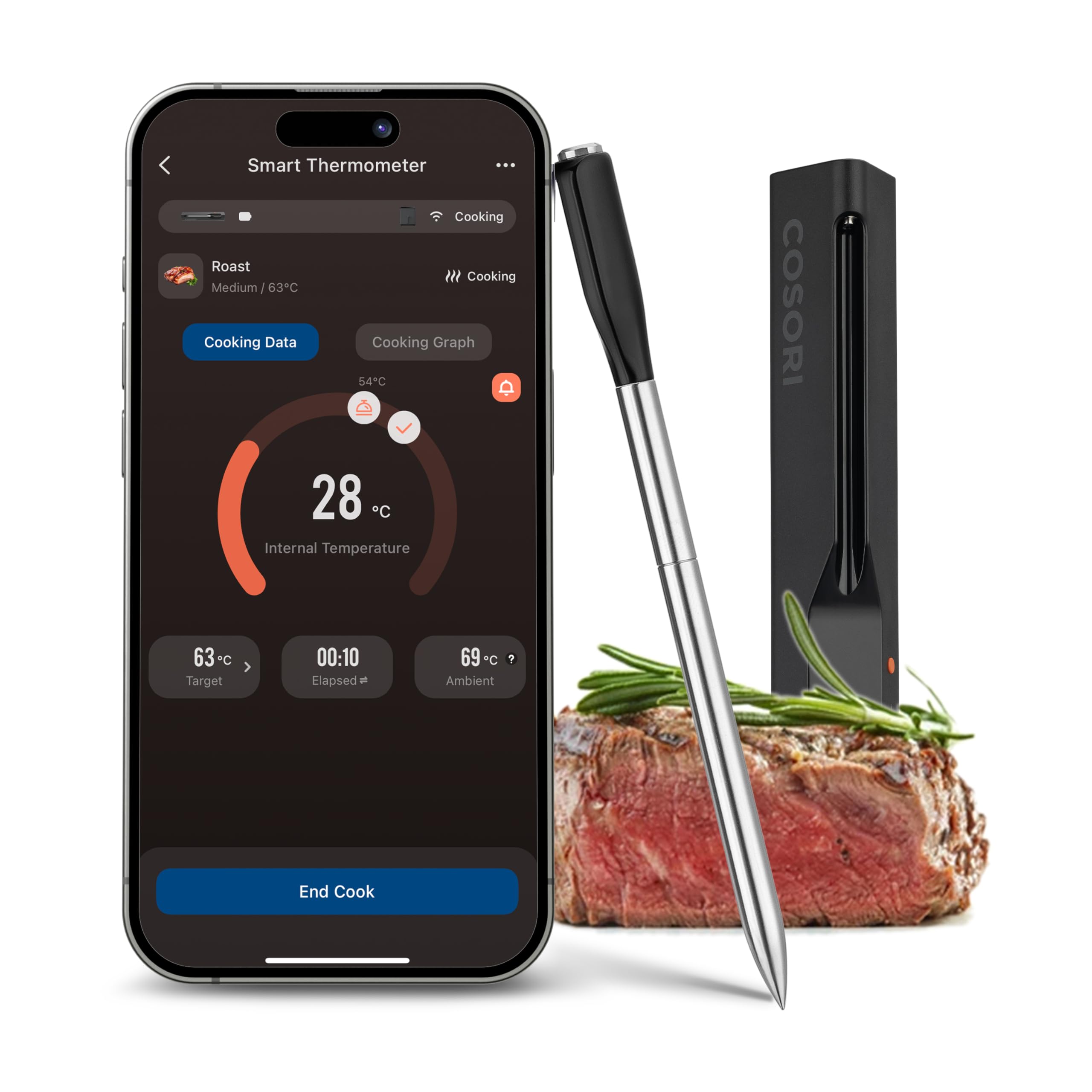 COSORI Primo termometro intelligente per carne senza fili con portata di 50 m, perfetto per friggitrice ad aria calda Dual Blaze, termometro per arrosti per cucina e barbecue, lavabile in