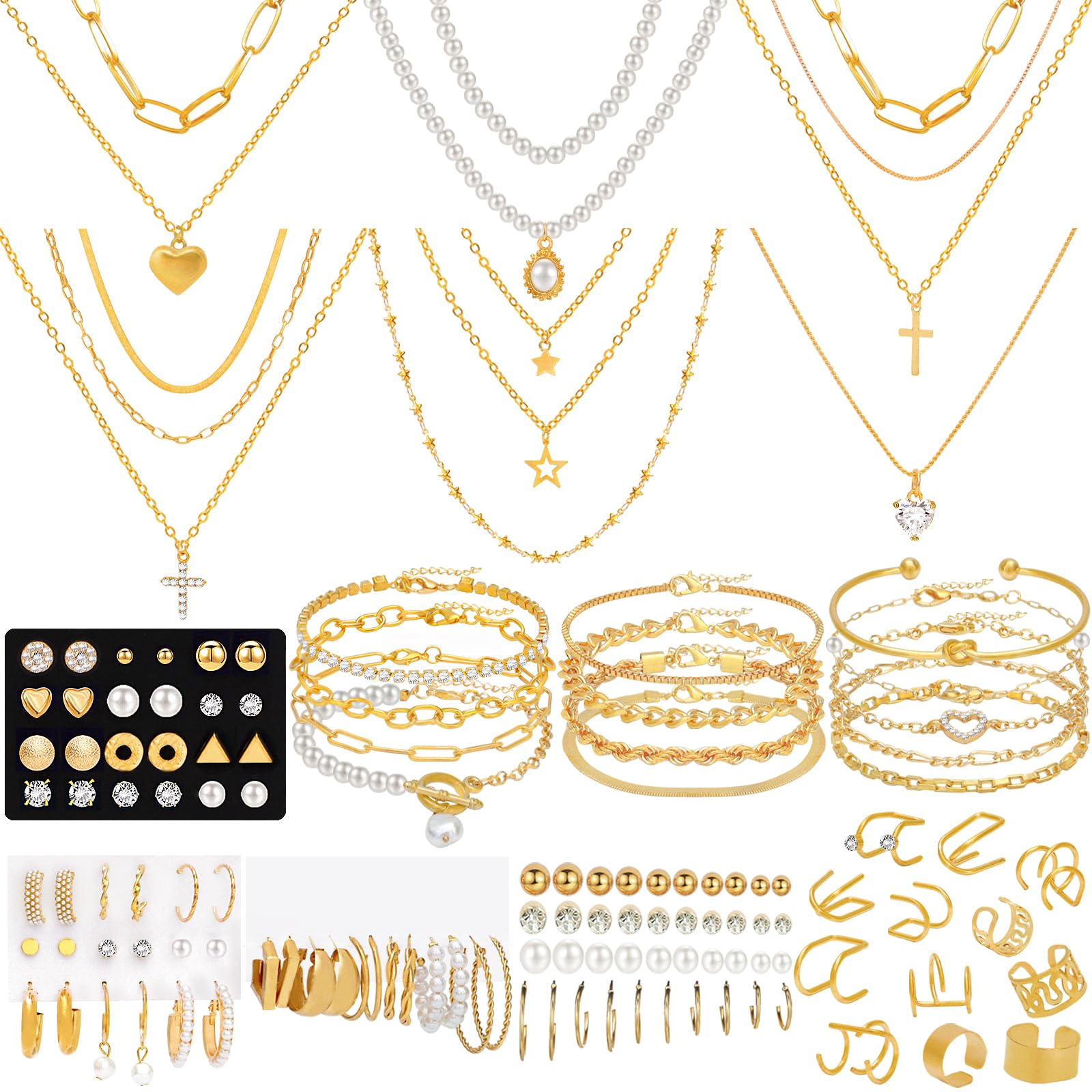 NEWITIN 69 Pieces Gold Jewelry Set for Women Fashion Costume Jewelry Gold Plated Necklace Bracelet Earrings Set for Women