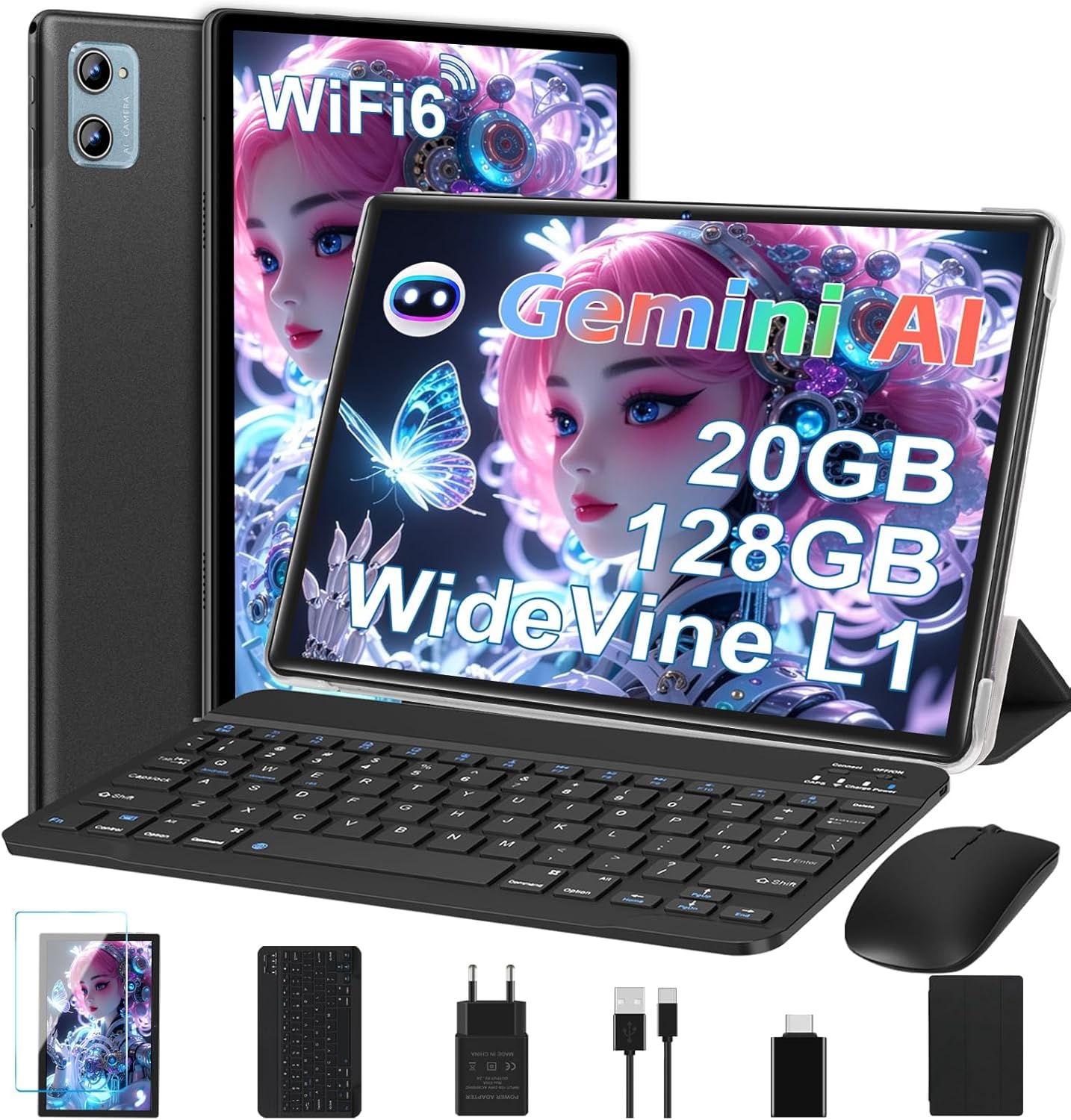 Tablet Android Tablet 10 Pulgadas, 20GB RAM+128GB ROM/TF 1TB, Octa-Core 2.0 GHz, WiFi 6, Bluetooth 5.0, Batería 6000mAh, 5MP+8MP, Widevine L1, GMS, GPS, Tablet con Funda, Ratón & Teclado - Negro