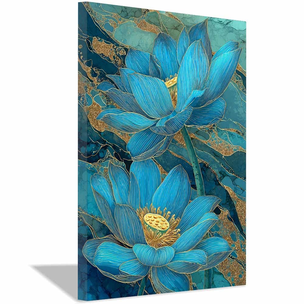 Xeniou Multicolor Flower Wall Art Canvas Blue Gold Lotuses Canvas Wall Art, For Living Room Bedroom Restaurant Home Office Wall Decoration(Multicolor)-70X100cm Framed