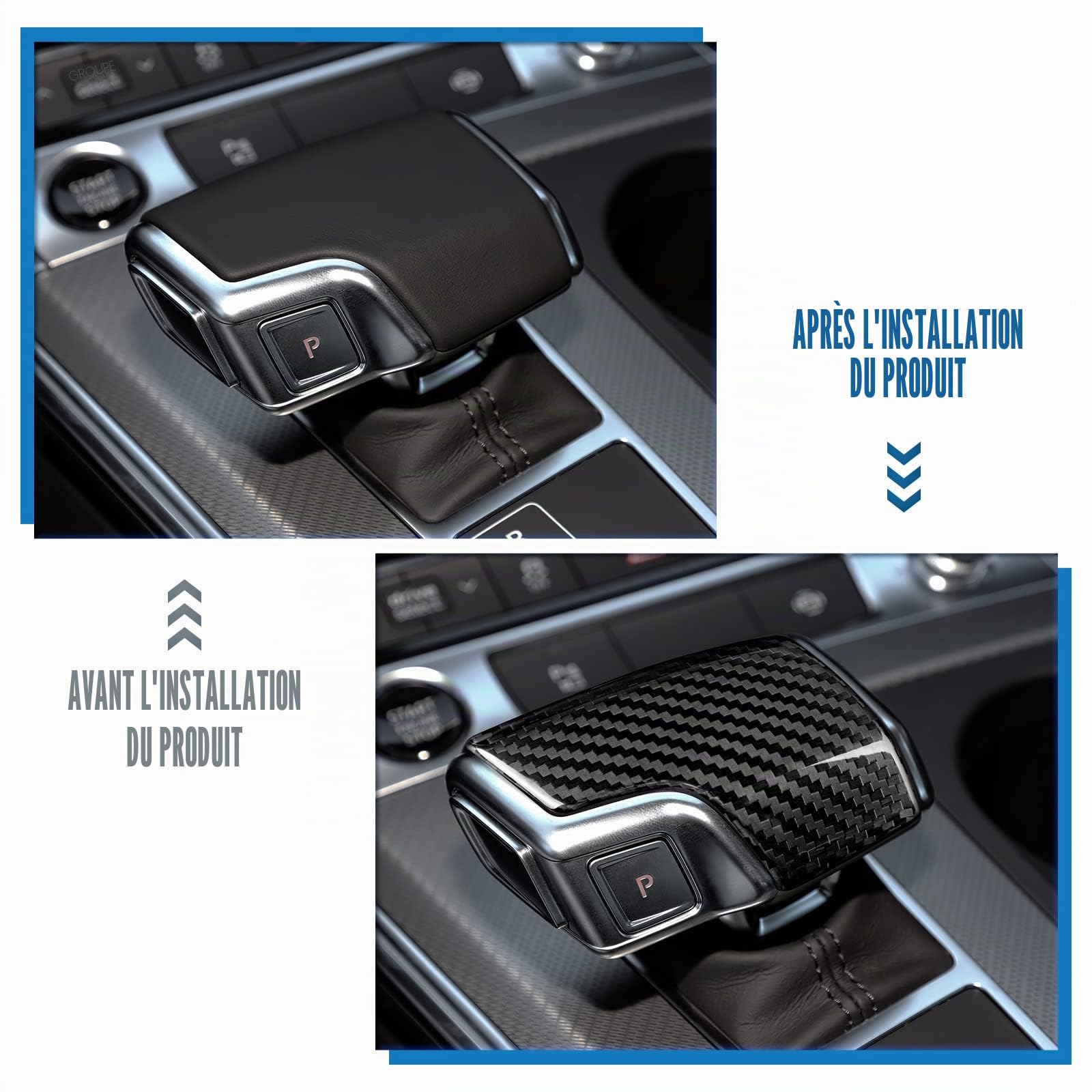 KUNGKIC fibre de carbone voiture pommeau de levier de vitesses couverture autocollant Compatible with Audi A6 A7 SQ8 RS6 RS7 Q7 Q8 S8 cadre de la boîte de vitesses Accessoires décoratifs (noir)