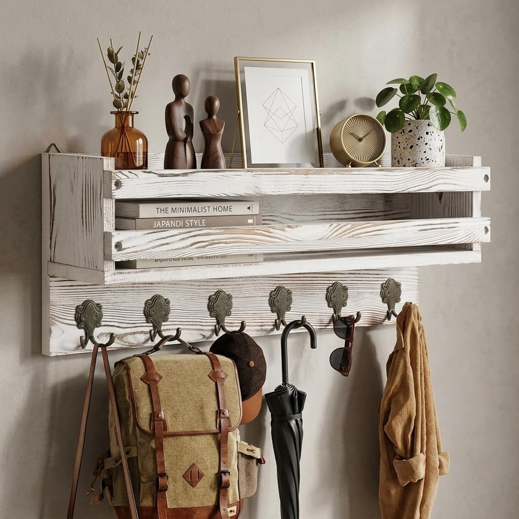 Bekrvio Perchero de madera con 6 ganchos dobles y estantes, 58 cm, troncos naturales de pared con estante, perchero de pared para entrada, dormitorio, rústico