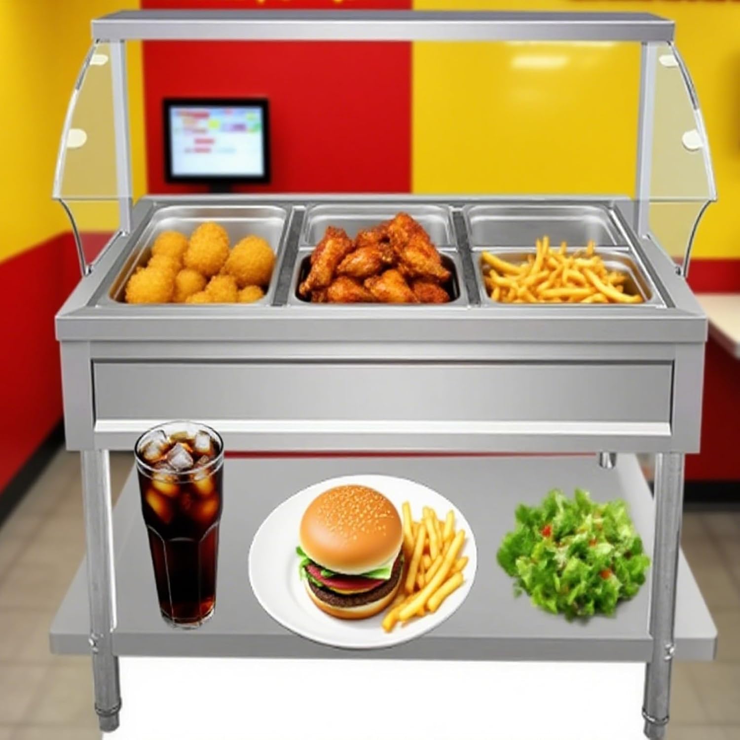 Bakery Display Case, Commercial Countertop Food Warmer Three-Sided Enclosed Clear Curved Tempered Glass Bread Shield for Pizza, Fried Chicken(100X53X50CM)