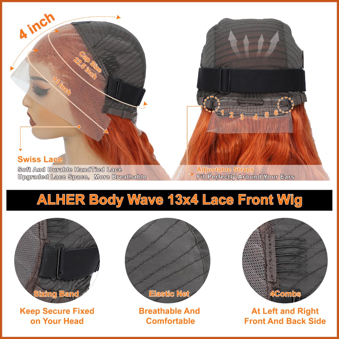 ALHER Ginger Orange Lace Frontal Wig Human Hair 24 Inch Body Wave, 180% Density Copper #350 Colored 13x4 HD Lace Front Wig Pre Plucked With Baby Hair Ear to Ear, 12A 100% Virgin Remy Hair for Women
