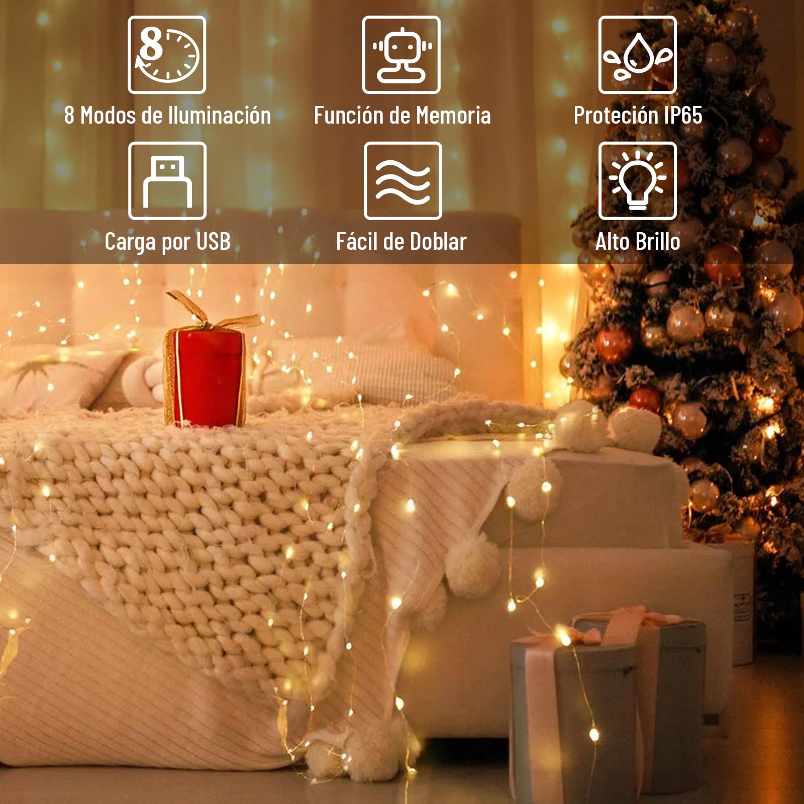 Guirnalda Luces, 8 Modos de Iluminación Luz Navidad, Impermeable Cadena Luces Exterior e Interior, Función de Memoria Luces de Hada para Decoración Habitación, Árbol, Boda, Jardín(1Pack 5M)