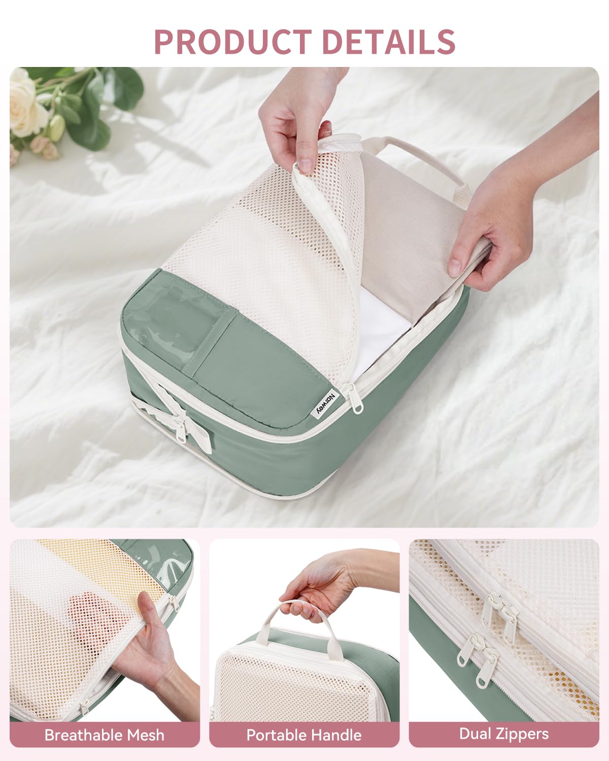Narwey 5 Pièces Organisateur Valise, Sac Compression Voyage, Compression Packing Cubes, Organisateur Valise Compressible, Cube de Rangement, Organiseurs de Bagage (Vert)