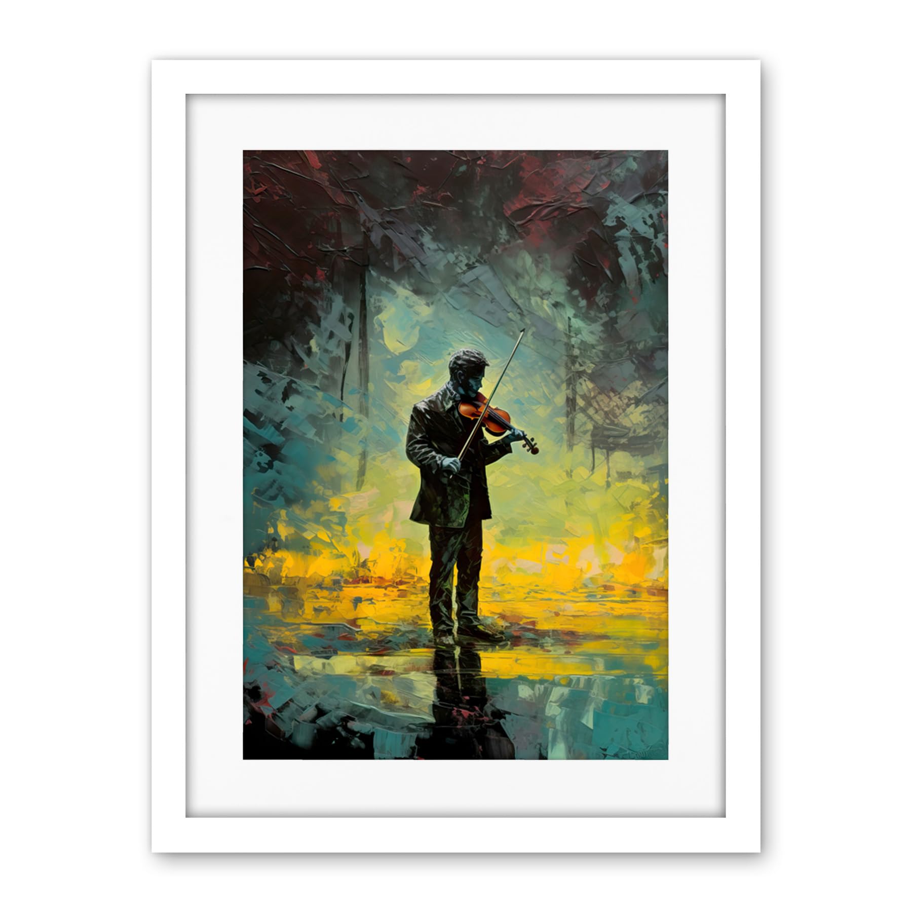 Artery8 Street Musician Playing Violin After the Rain Artwork Framed Wall Art Print 18X24 Inch