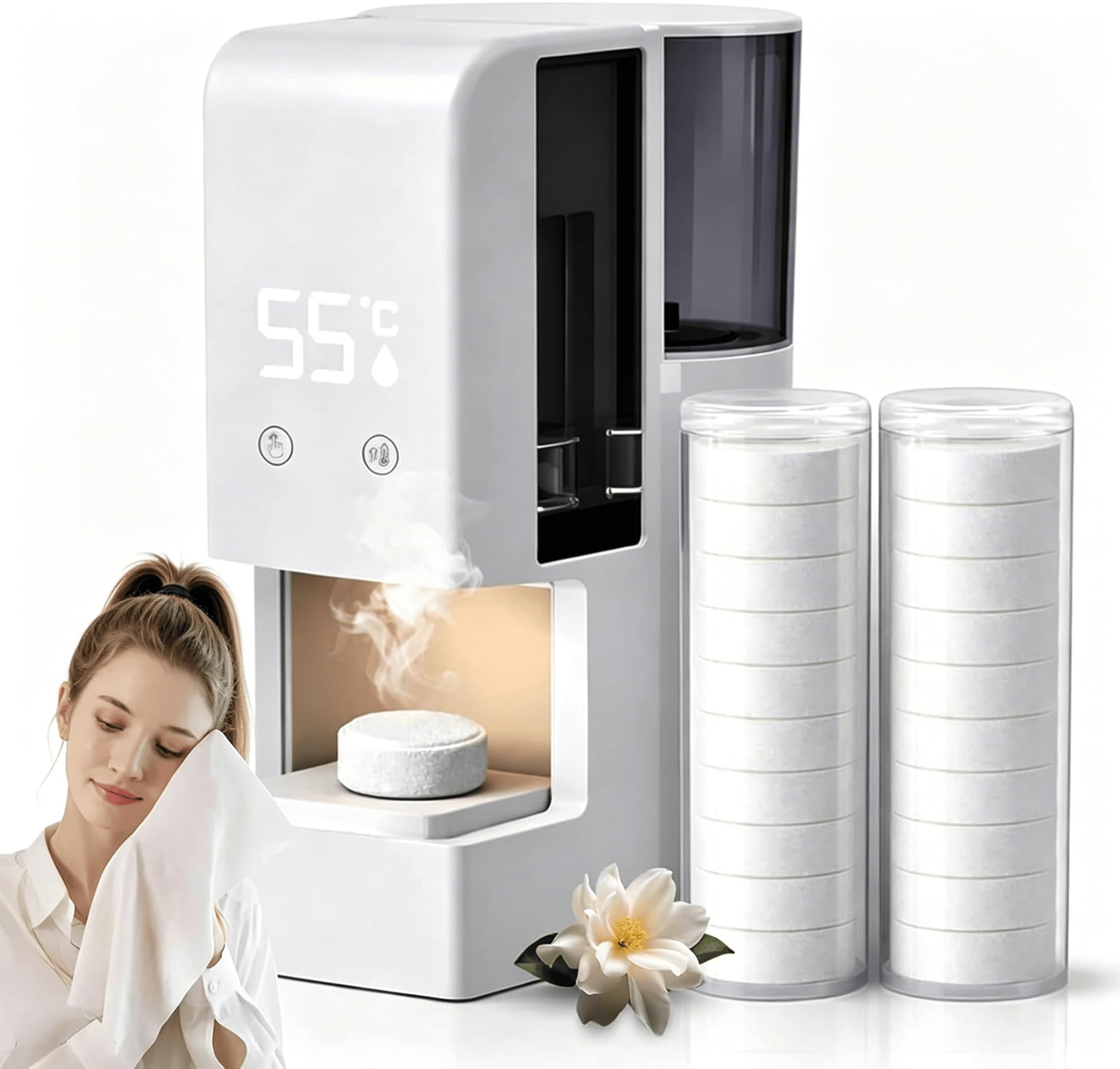 Handtuchwärmer als Spender für heiße Handtücher, 500 ml Wassertank, 40 komprimierte Handtücher und 55 °C Dauerthermostat für Spa-Bereiche,Towel Warmer + 40 Towels