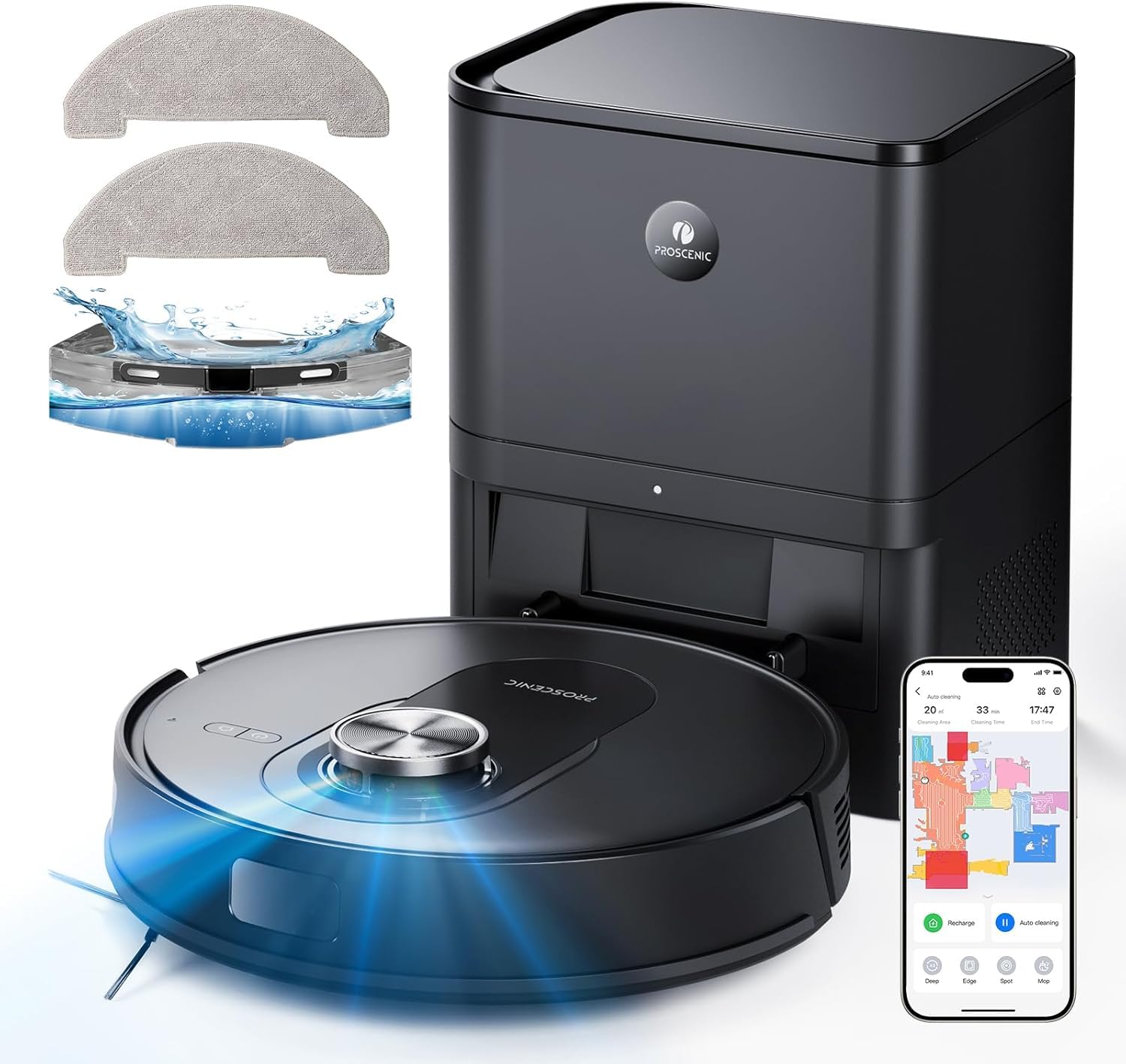 Proscenic Q8 MAX Robot Aspirador con Estación de Succión & Función de Limpieza, Potencia Succión 6000Pa, Bolsa para Polvo de 3L, Tanque de Agua de 250mL, Control de Voz por App Alexa Google Siri FTTT