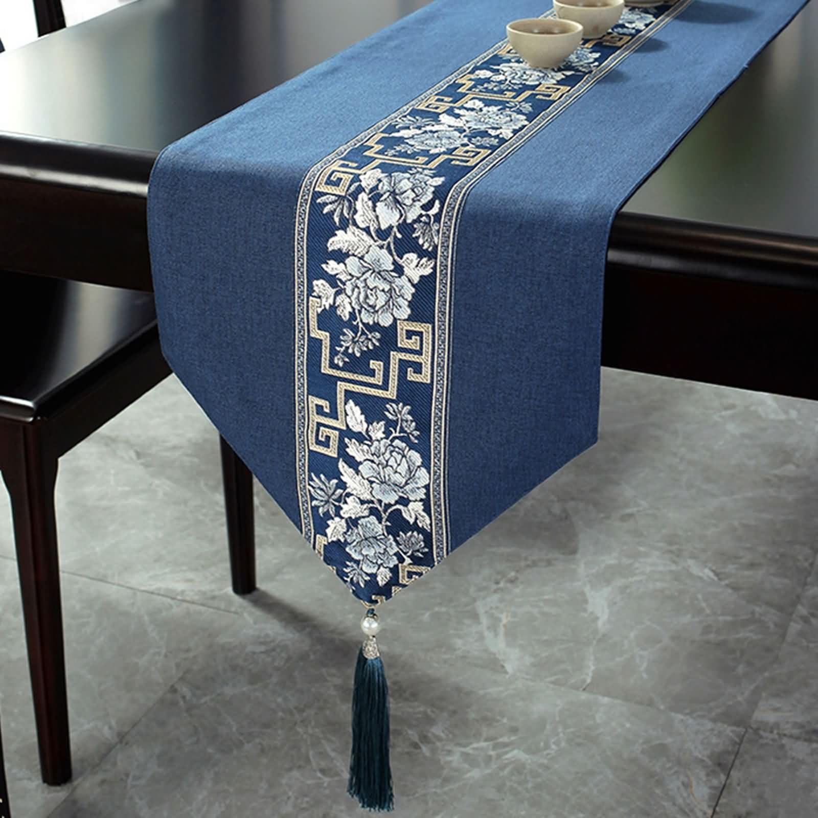 Tischläufer Landhausstil Blau mit Geblümt,Leinen Baumwolle,33x280cm