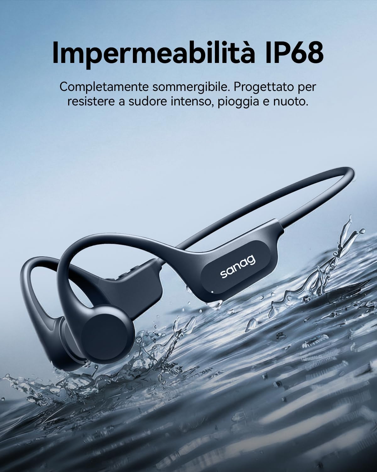 SANAG Cuffie Conduzione Ossea, Bluetooth 5.3 Cuffie Sportive Wireless, Impermeabili IPX8 con Memoria Integrata, Design Open-Ear, Tasti Fisici Tattili, per Corsa, Fitness e Nuoto, Nero
