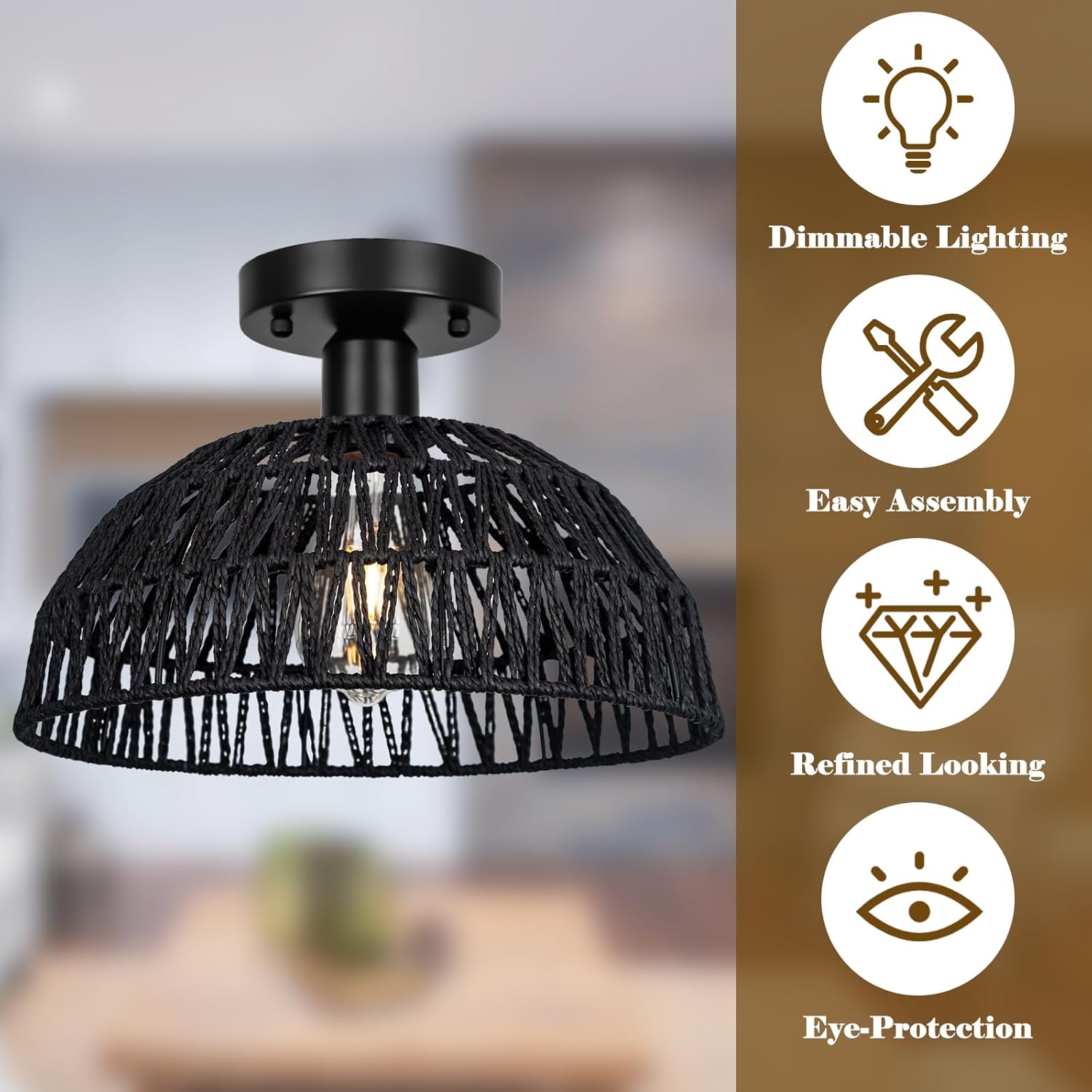Rattan Ceiling Light Fixtures 2 Packs-Black Rustic Woven Basket Flush Mount Ceiling Light, Handmade Wicker Ceiling Lamp, Rattan Chandelier For Kitchen Island, Hallway, Living Room, Bedroom, E26 Base
