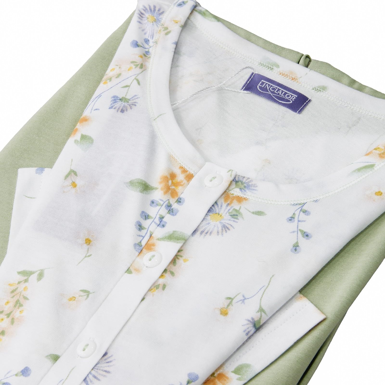 Linclalor Pigiama Donna Estivo in Cotone con Stampa Floreale e Pantalone Lungo Verde