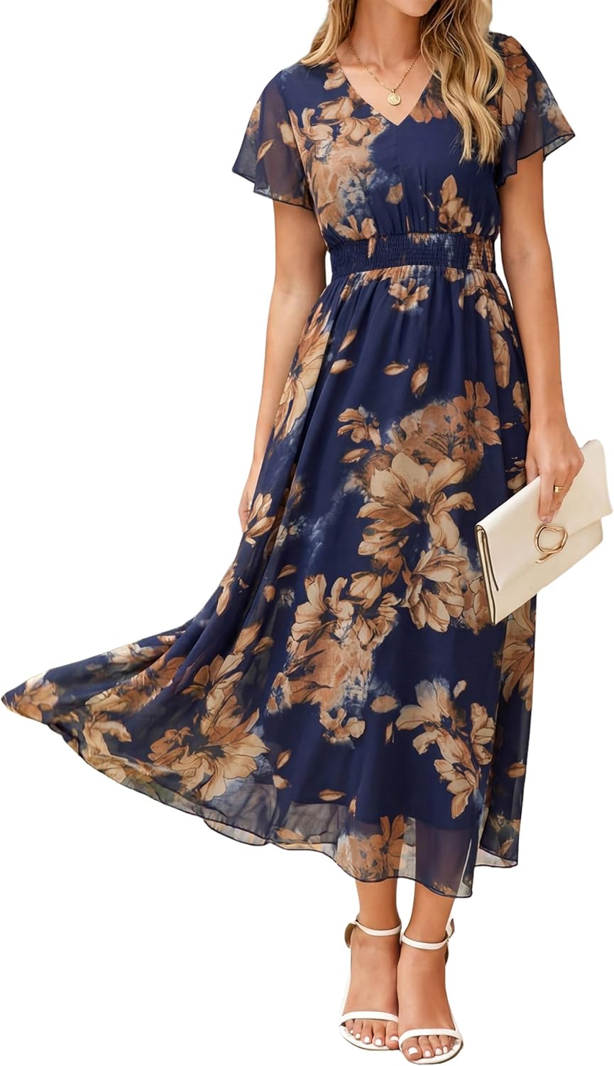 Simplee Womens Floral Maxi Dress Short Sleeve Summer Boho Wedding Guest Dress Empire Waist Chiffon Modest Midi Dresses