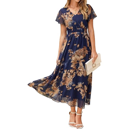 Simplee Womens Floral Maxi Dress Short Sleeve Summer Boho Wedding Guest Dress Empire Waist Chiffon Modest Midi Dresses