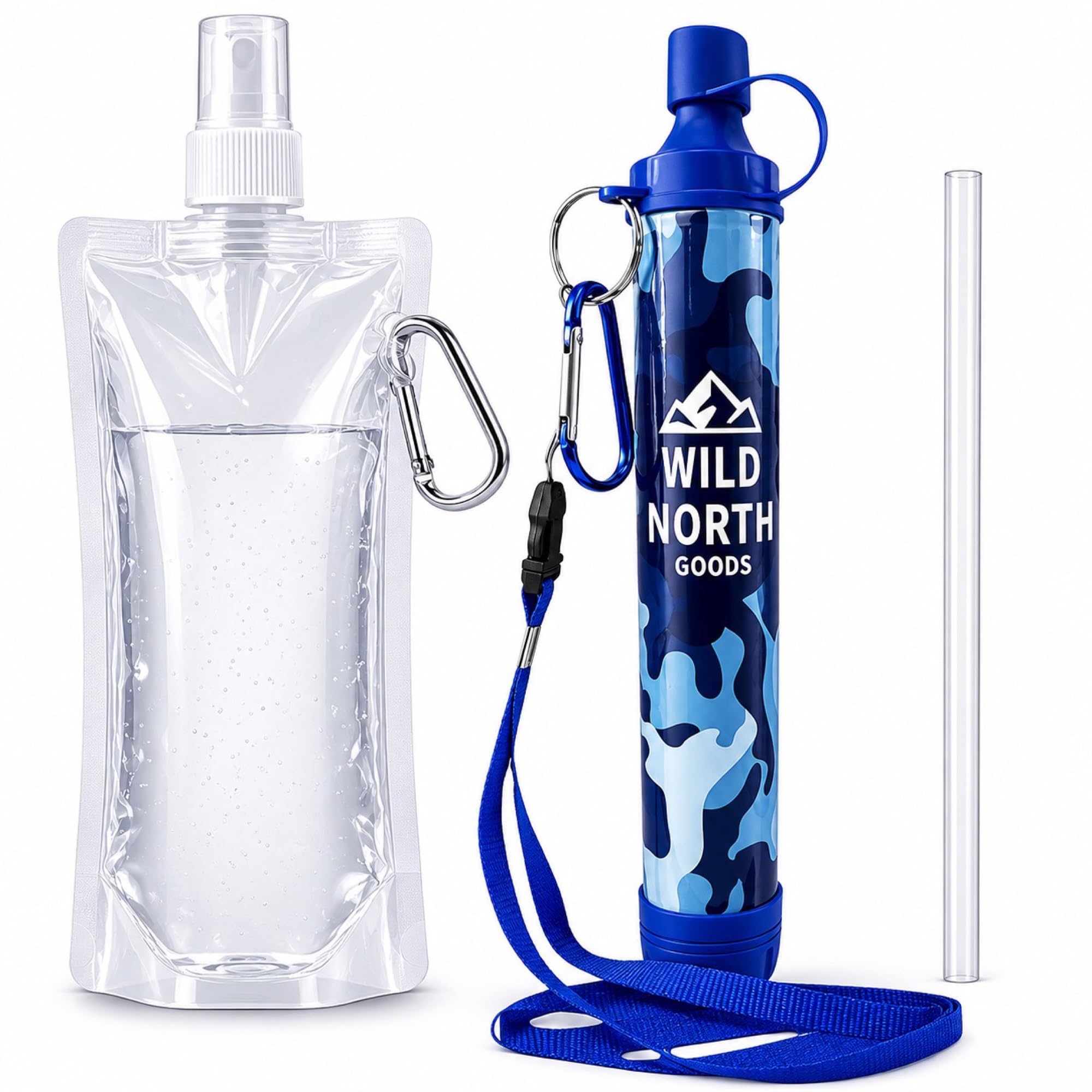 Wild North Goods Personal Water Filter Straw - Portable Water Purification Kit with Bottle & Carabiners - Camping, Hiking, Travel & Emergency Use