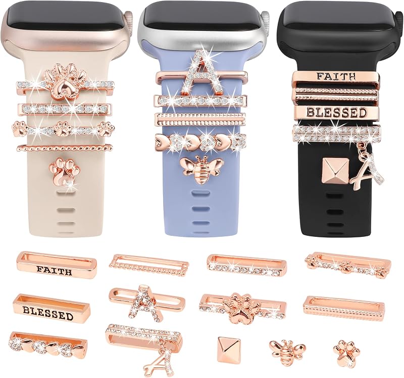 13 Pack Watch Charms Compatible with Apple Watch Band Charms/Samsung Galaxy/Google Pixel/Fitbit Versa/Sense, Metal Loops for iWatch Series 10 9 8 SE Ultra 7 6 5 4 3 2 1 Silicone Band
