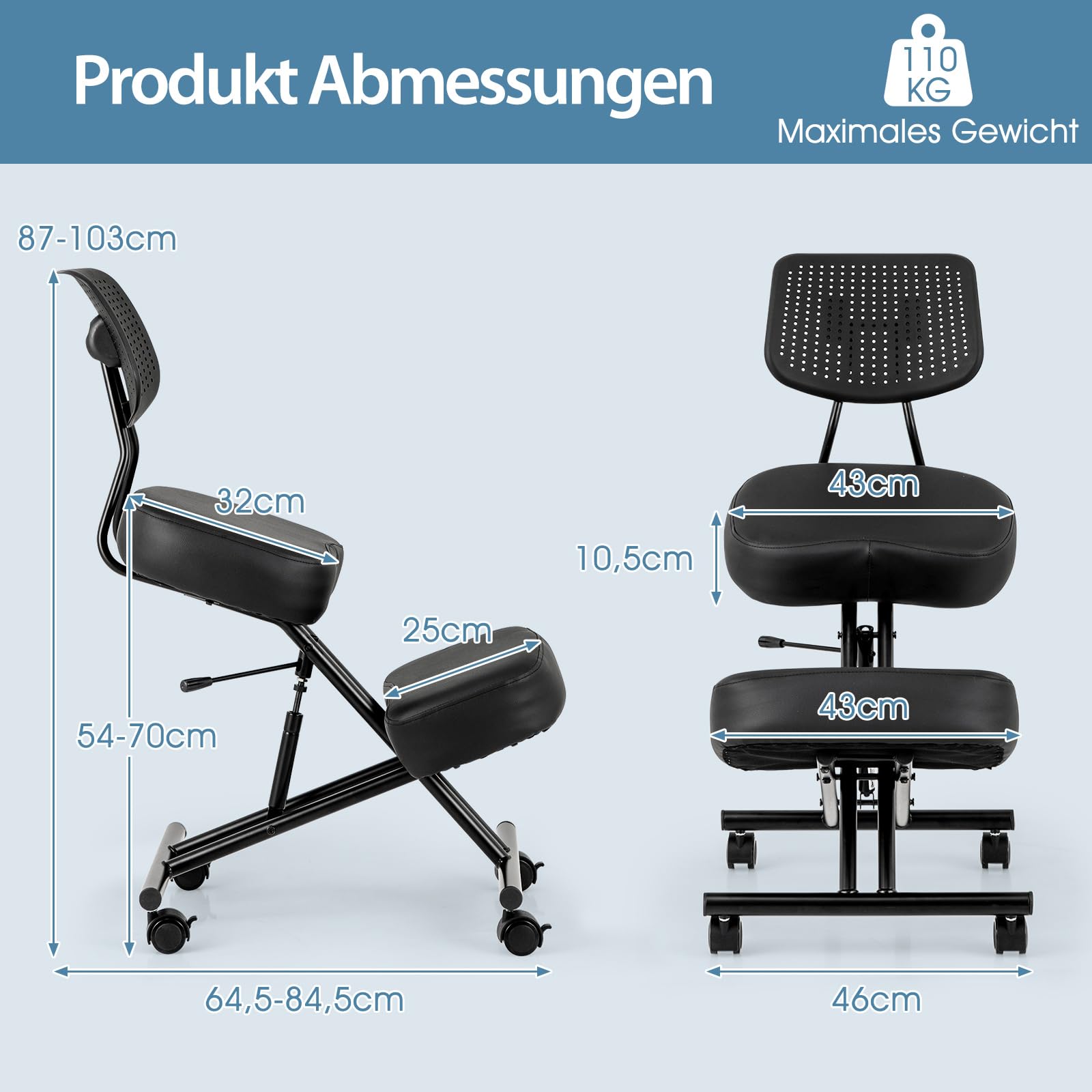COSTWAY Ergonomischer Kniestuhl, Kniehocker mit schrägem Sitz zur Schmerzlinderung, Orthopädischer Bürostuhl mit feststellbaren Universalrollen, dick gepolsterte Kissen (mit Rückenlehne)