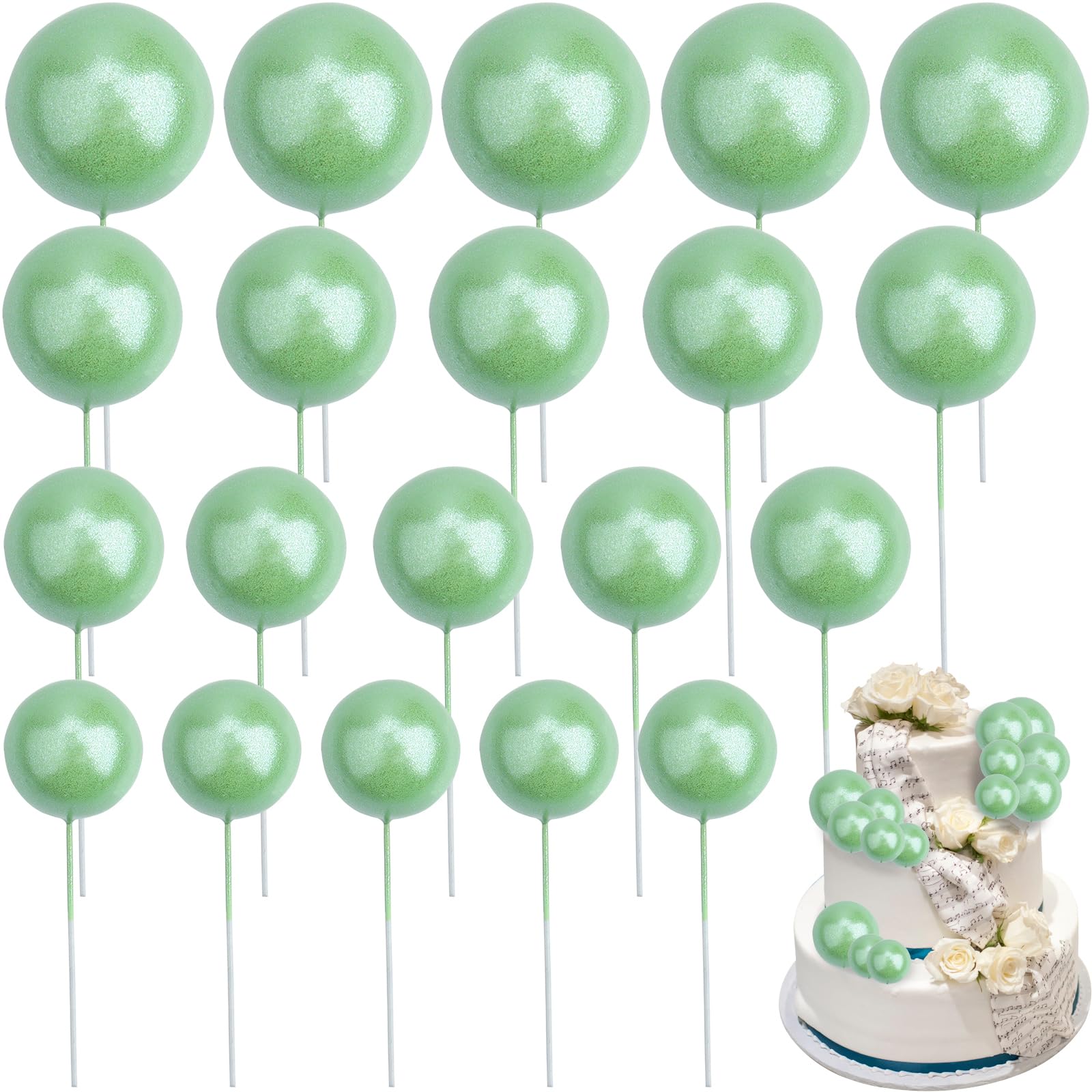 LHNNDM Ball Cake Topper Decorations, Birthday Cake Toppers, Mini Balloons Cake Topper Sticks for Birthday Wedding Baby Shower Party Decoration (Pearl-Finish Light Green)