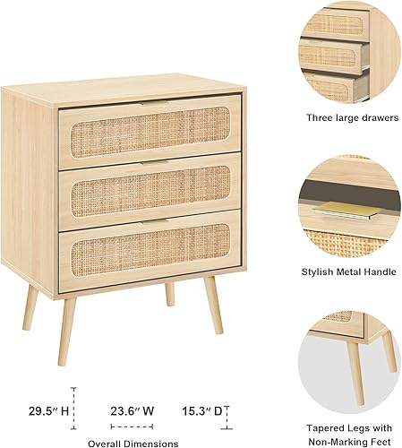 Miniatura 29 de RARZOE 2 juegos de mesitas de noche de ratán, cómoda de 3 cajones, armario de almacenamiento de madera, unidad organizadora para dormitorio, sala de