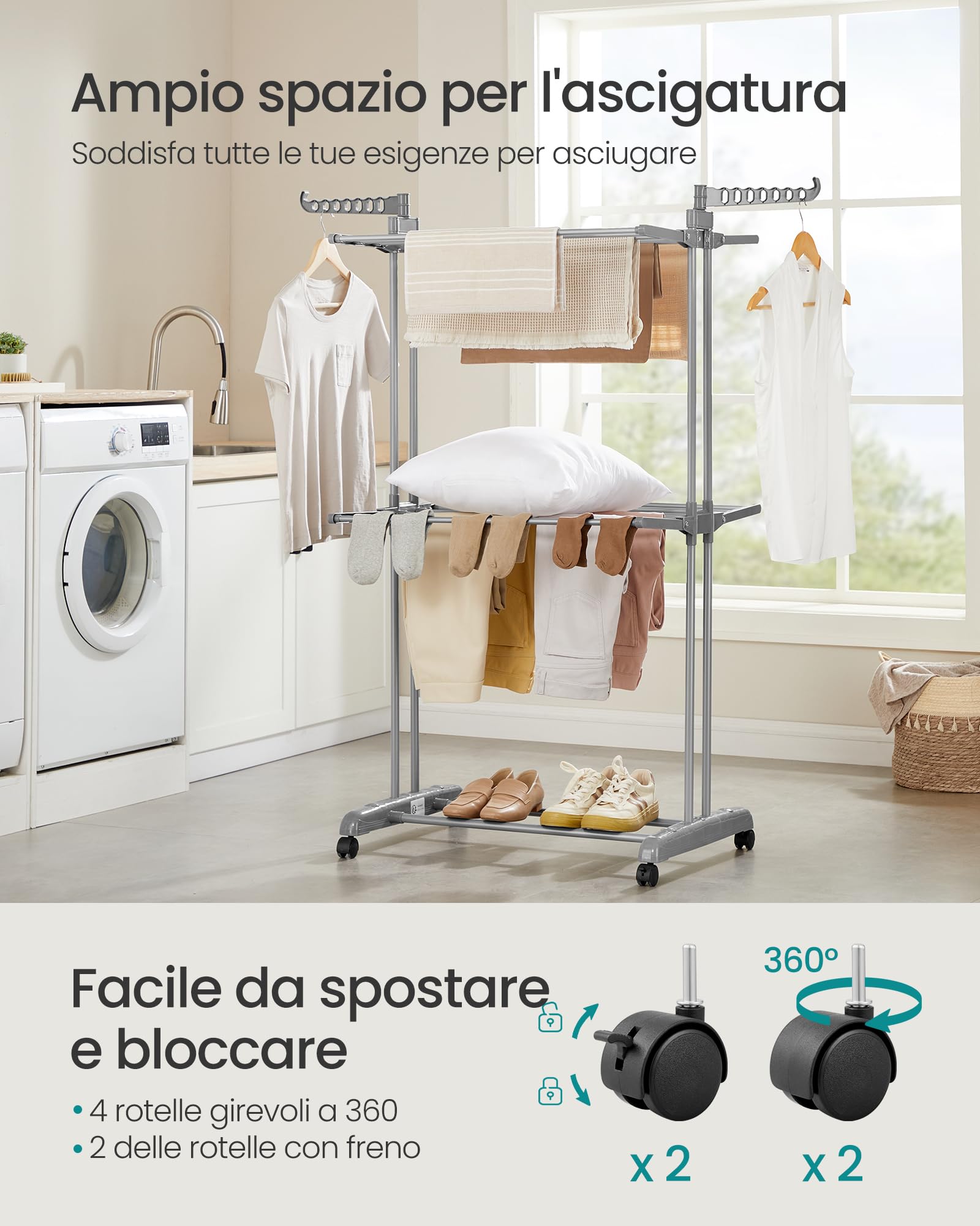 SONGMICS Stendibiancheria, Stendino Pieghevole a 3 Livelli, con Ruote e Ali Richiudibili, 63,5 x 128 x 148 cm, Capiente, Uso Interno ed Esterno, Grigio Tortora LLR702G01