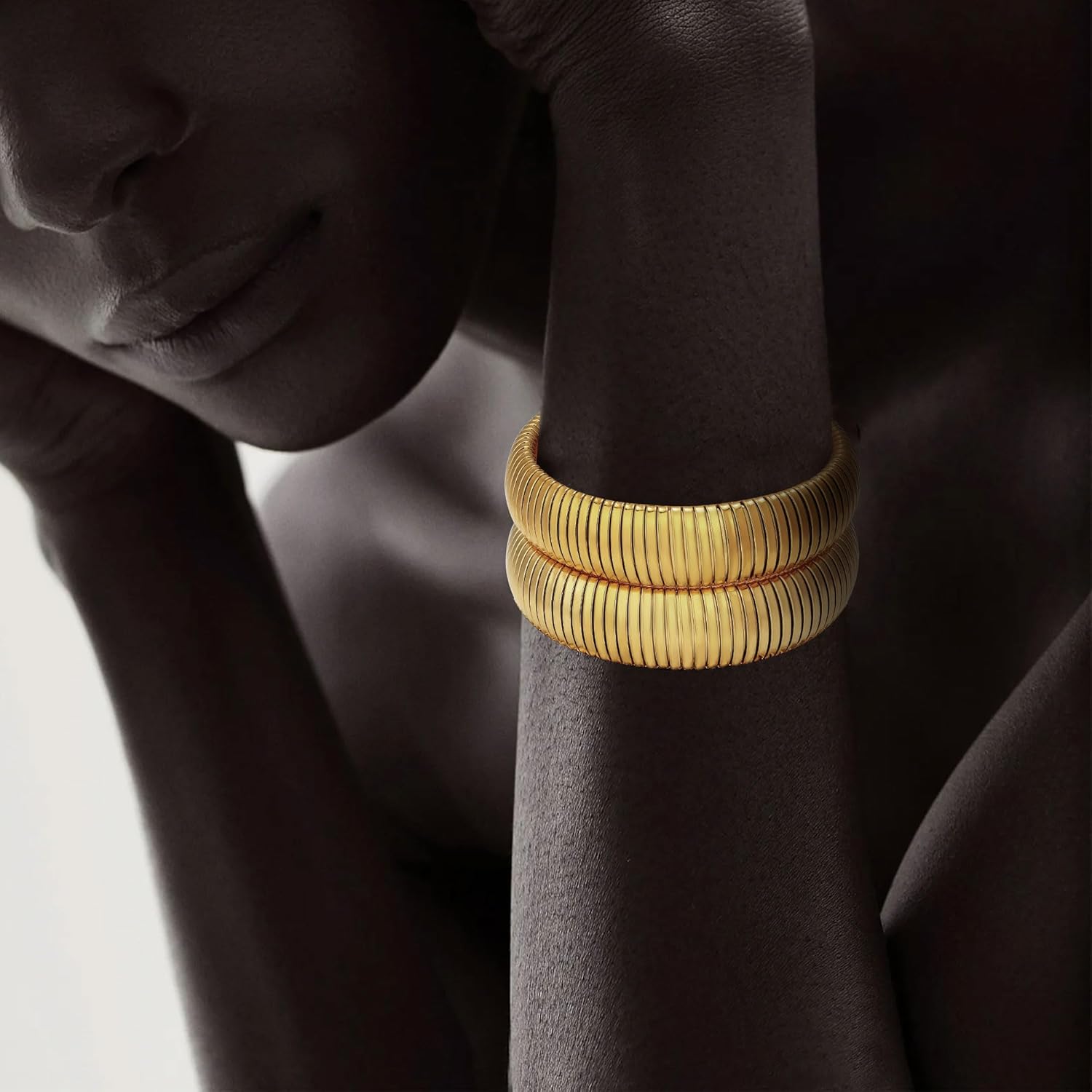 MISS RIGHT Gold Chunky Stretch Snake Chain Bangle Bracelets Stack for Women Trendy, 18K Gold Filled Stainless Steel Stretchy Womens Stackable Wristband Bangles Bracelet Set - Image 4