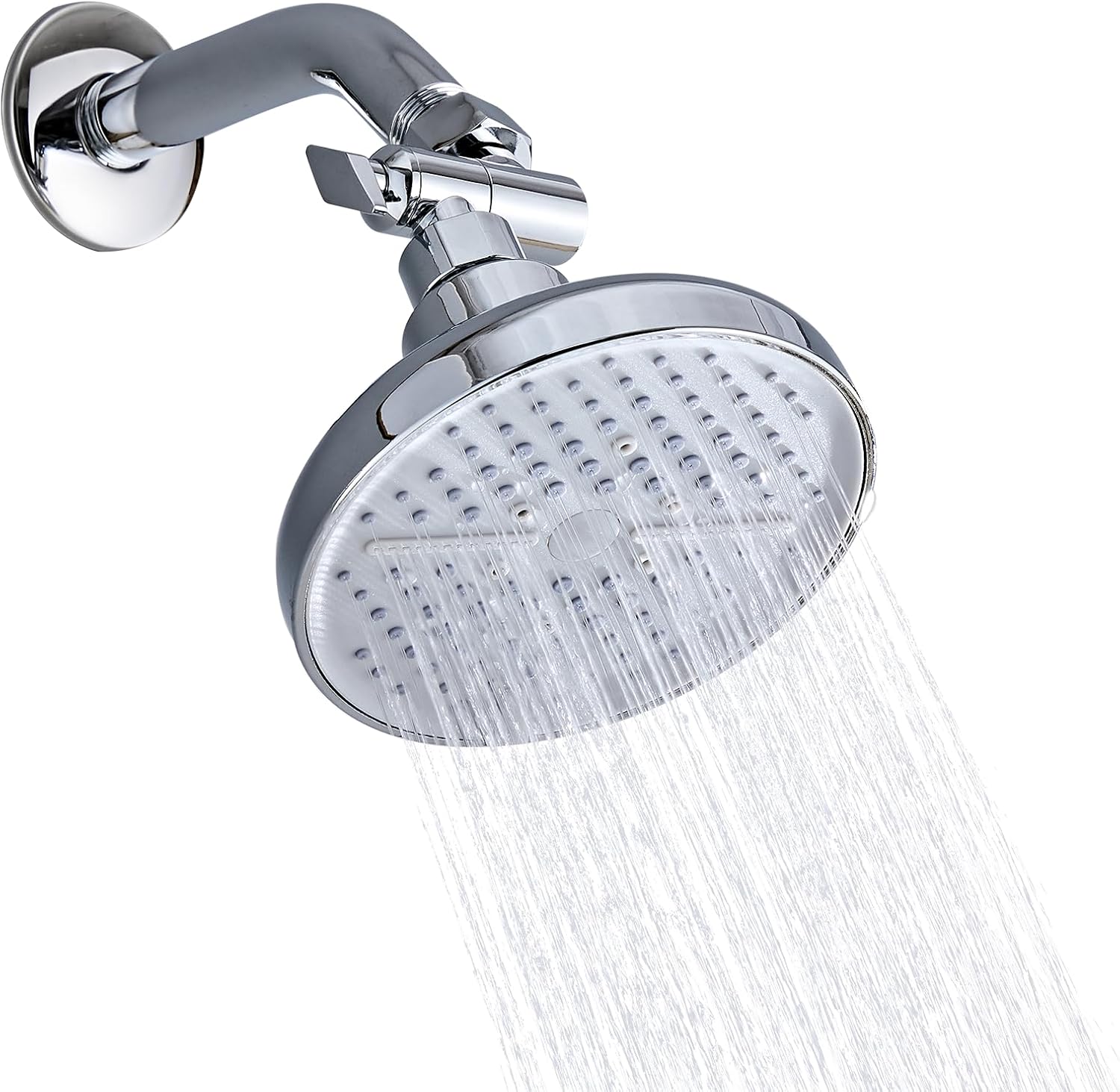 Shower Head High Pressure Rain, Fixed Showerhead 5-Setting with Adjustable Metal Swivel Ball Joint, Luxury Shower Heads Anti-Clogging Silicone Nozzles (Polished Chrome, 6 Inch Round)