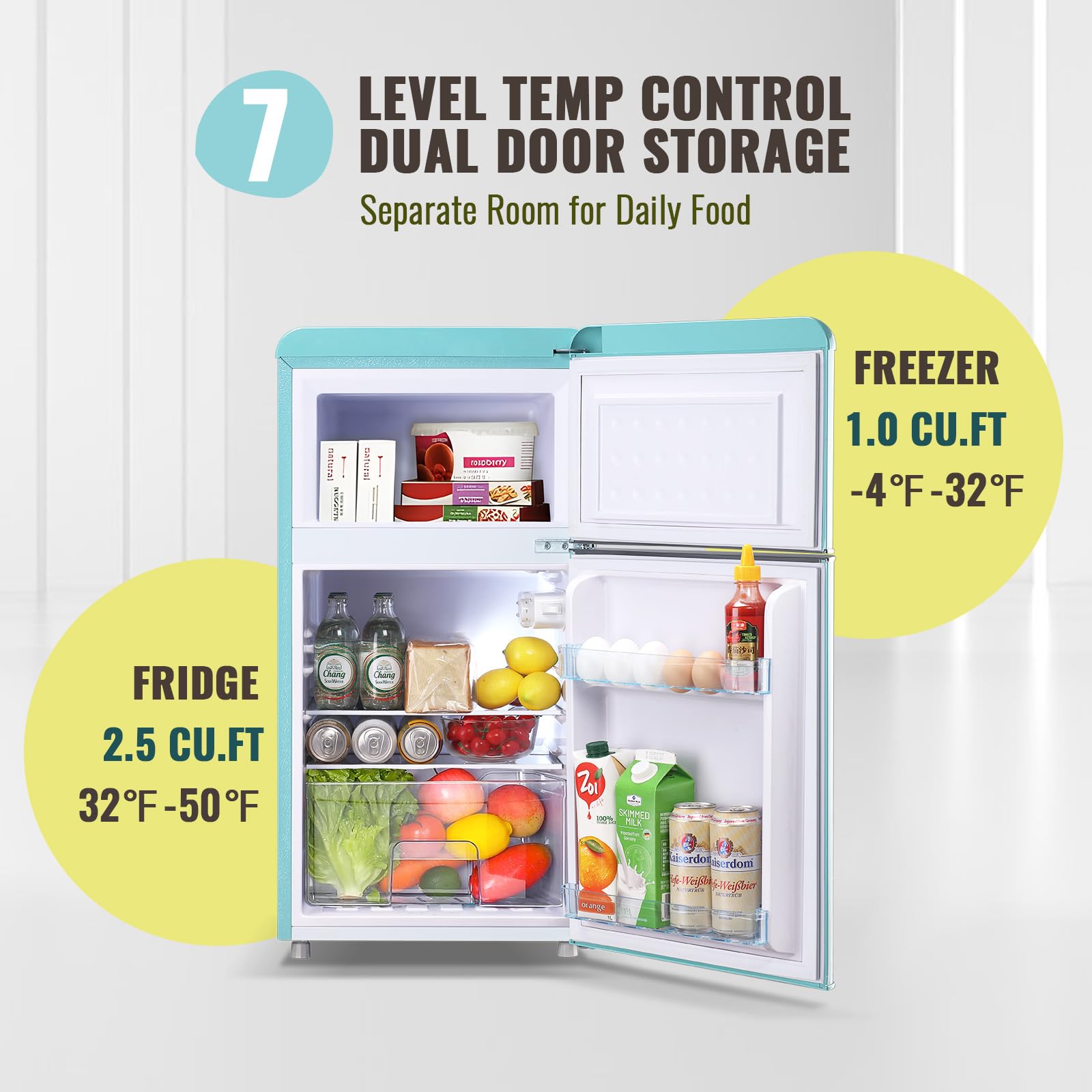 Demuller 3.5 Cu.Ft Retro Mini Fridge With Double Door Small Refrigerator With Top Freezer & Egg Rack & 7 Adjustable Temperature & Apartment Size Blue on Fridge.com - View 4