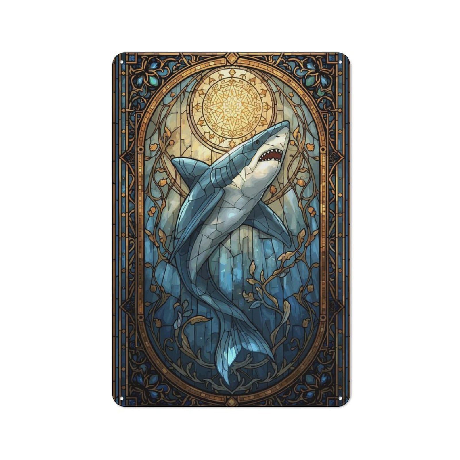 Junmoney Style-7 Shark Stained Glass Rustic Metal Plaque 30X20cm For Living Room Wall, Suited To Home Wall Decor Collectors