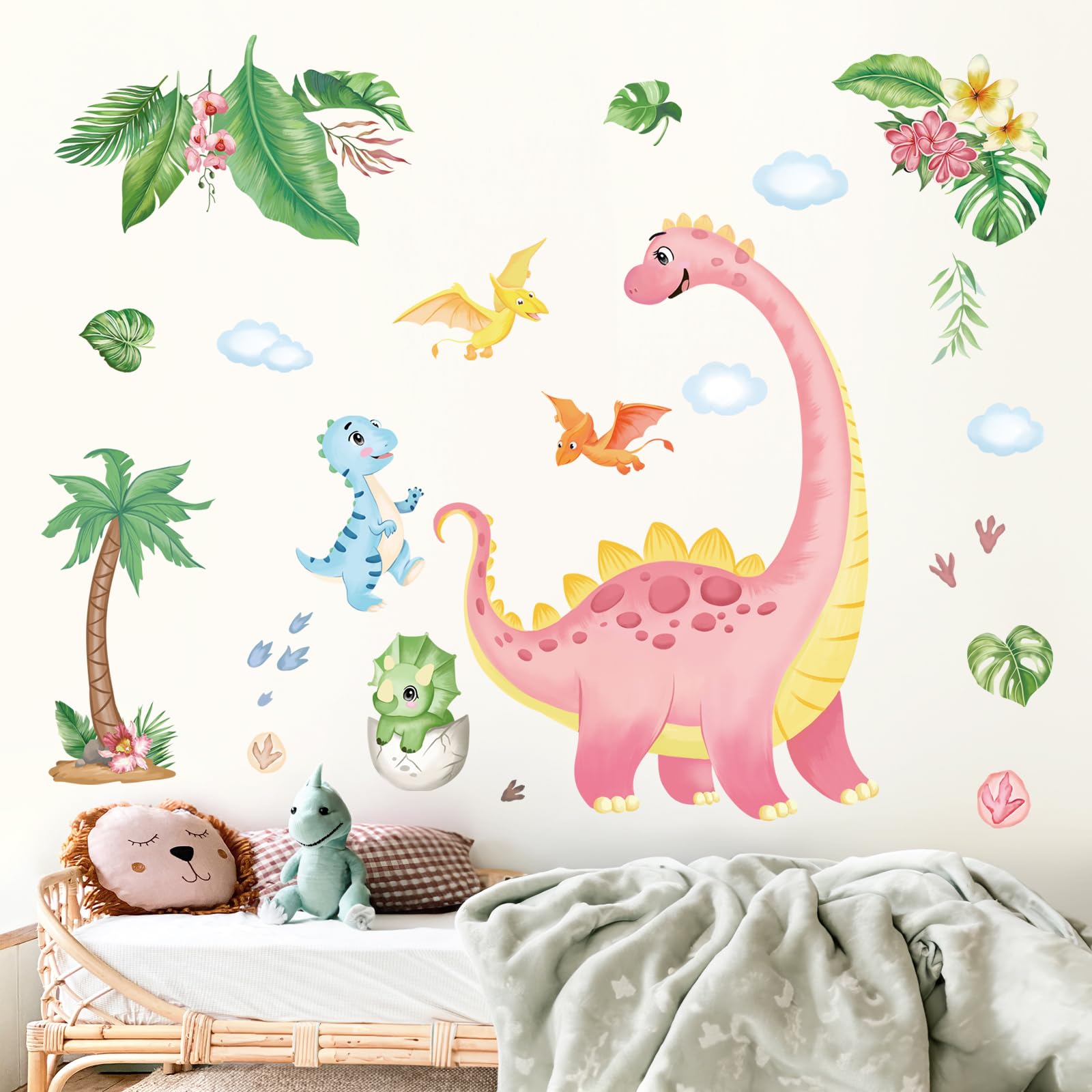 FUFUQUARE Large Dinosaur Wall Decals Watercolor Pink Dino Footprint Clouds Wall Stickers PVC Removable for Baby Kids Nursery Bedroom Living Room Classroom - Image 3