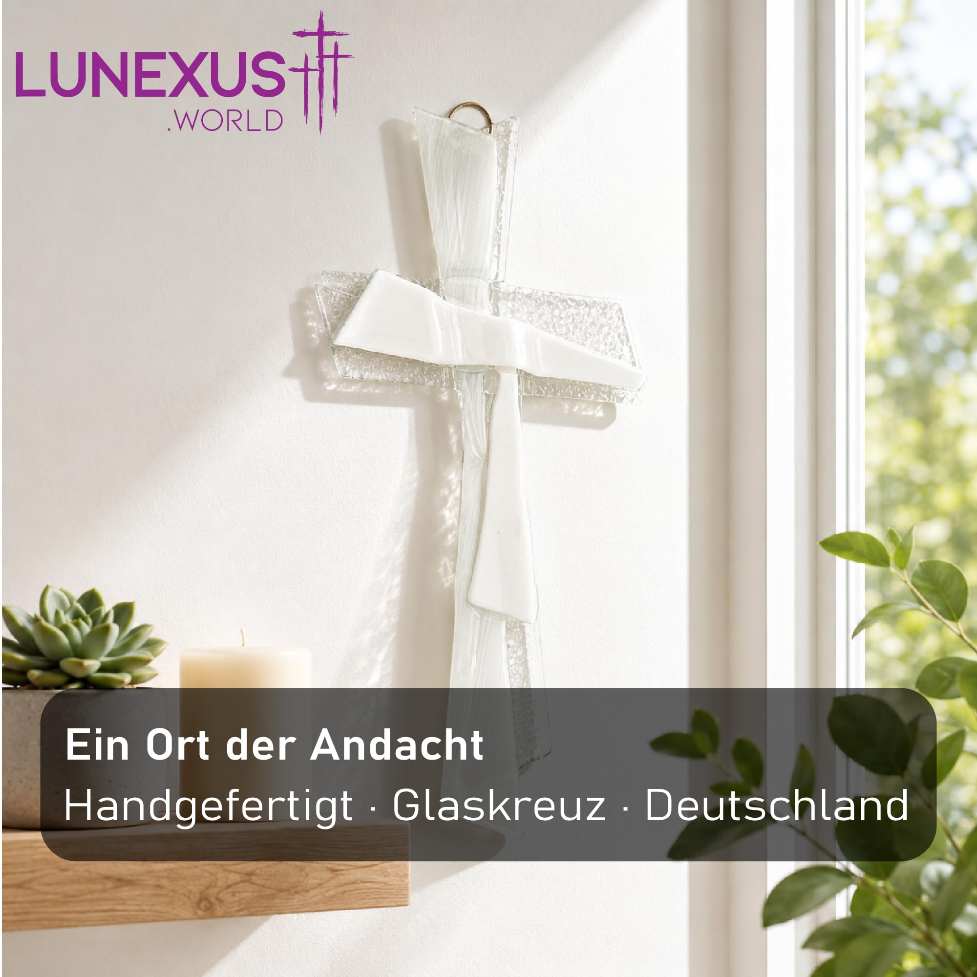 Lunexus Croix en verre blanc transparent 27 x 12 cm Cadeau de baptême communion confirmation Croix murale blanche faite à la main Allemagne certificat bénédiction