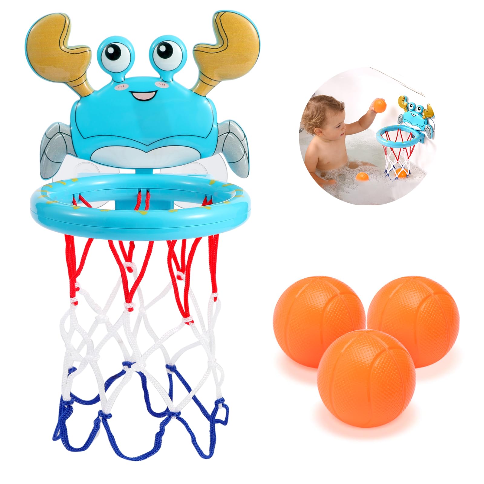 Bath Toys for Toddlers 3-5, Bathtub Basketball Hoop for Kids Toddlers, Water Pool Toys for Baby Toddler Toys Age 4-8, Basketball Hoop Sports Sensory Toys With 3 Hole-Free Balls (Blue Crab)