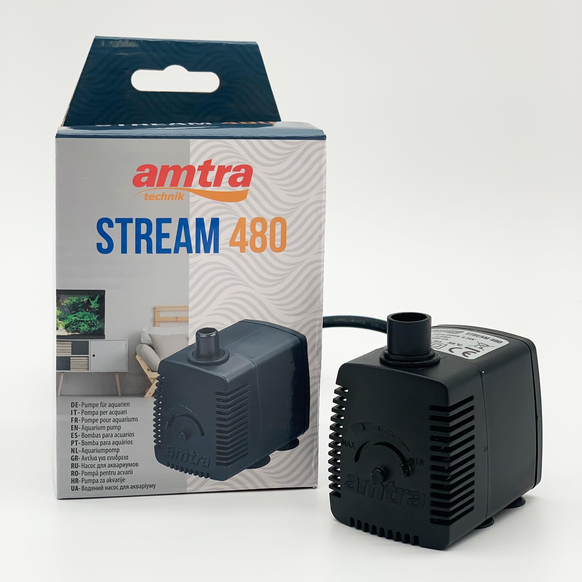 Amtra Stream 480 - Pompa per acquario ad immersione, silenziosa, portata d'acqua regolabile, 480 lt/h - 4,3W - 230v, Piccola Pompa Aspira Acqua per Fontanella Gatti, Presepe, idroponica