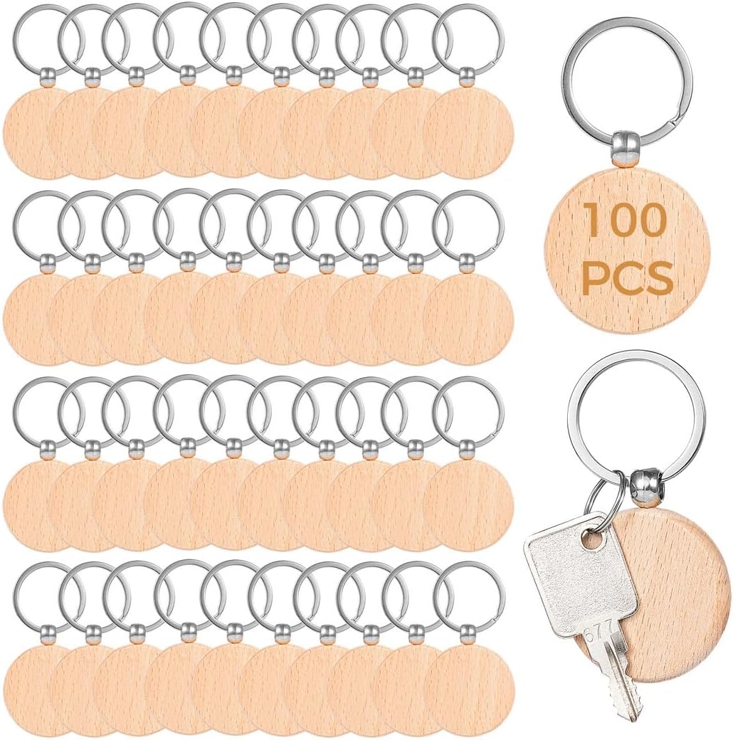 for Personalized, Blank Wood Keyrings, 100 Pcs Round Wood Tags Finely Polished, Wood Keychain Blanks, Pet Tags, Bag Decorations, Christmas Pendants, Wall Hangings