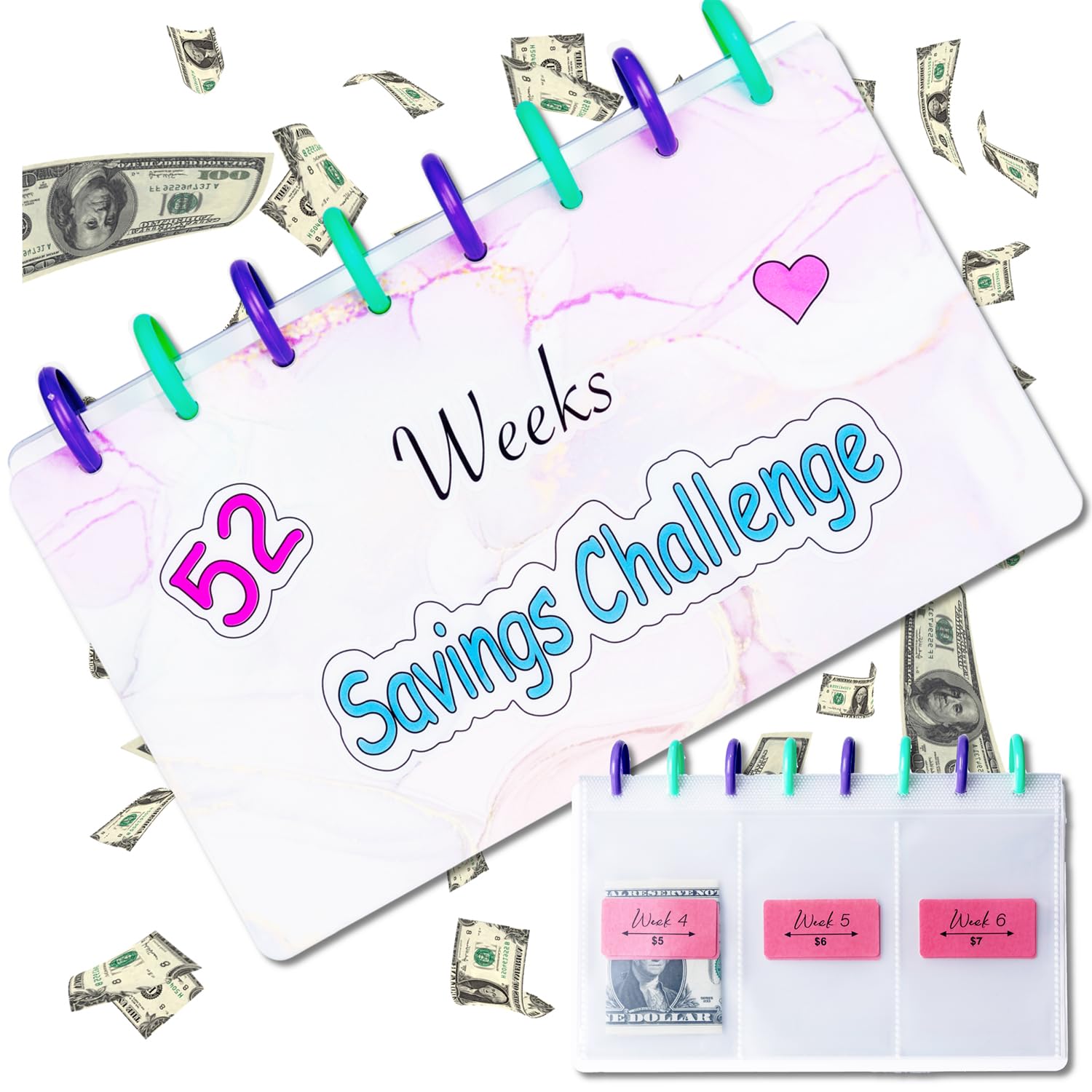 52 Week Money Saving Challenge Binder, v2croft Reusable Budget Book with Cash Envelopes, Budget Binder Planner, Frosted Cover Money Binder Organizer