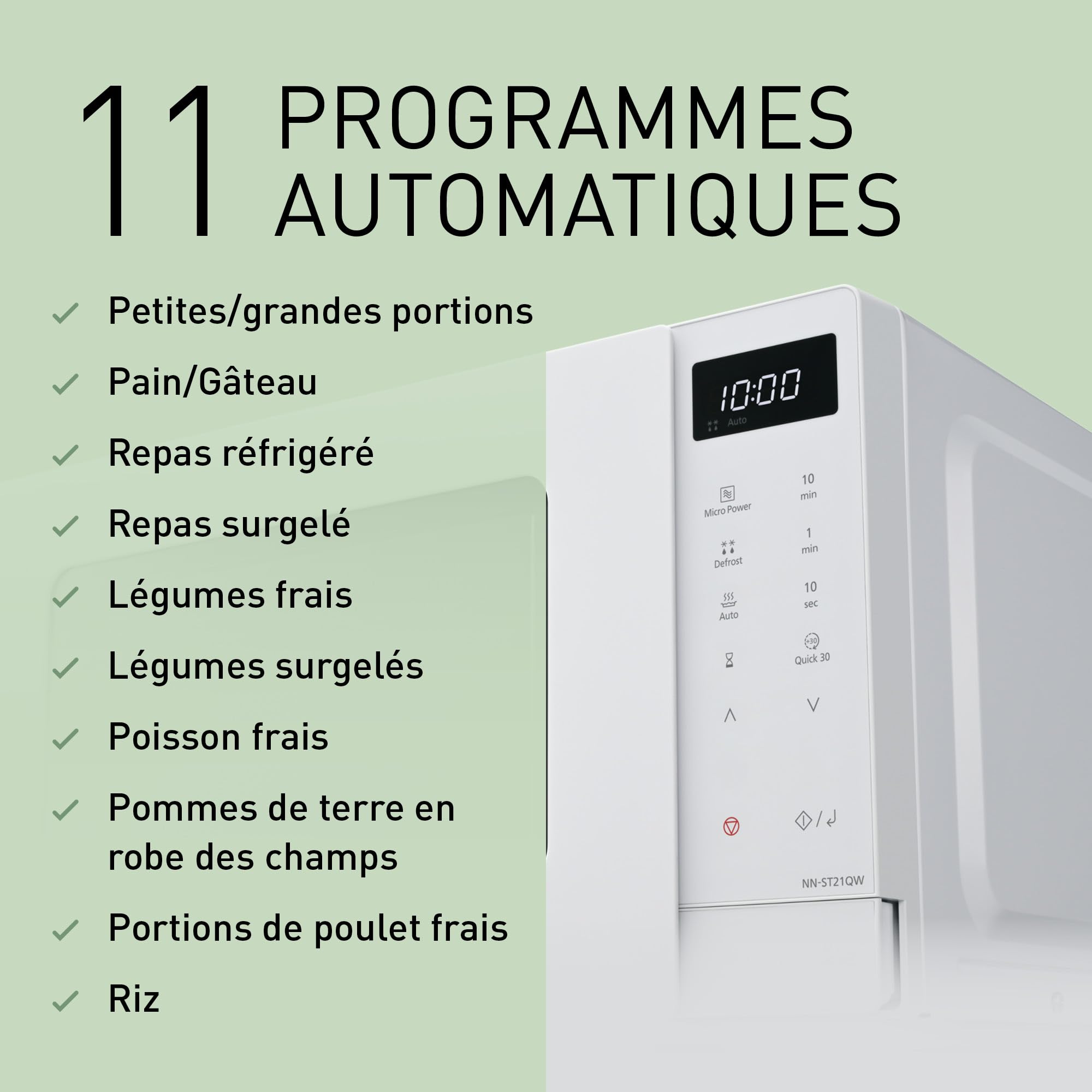 Panasonic NN-ST21QWEPG Four Micro-Ondes Solo 20L avec Plateau en Verre, 800W, Décongélation Automatique, 11 Programmes Automatiques, Affichage LED, 5 Niveaux de Puissance, Minuterie Numérique, Blanc