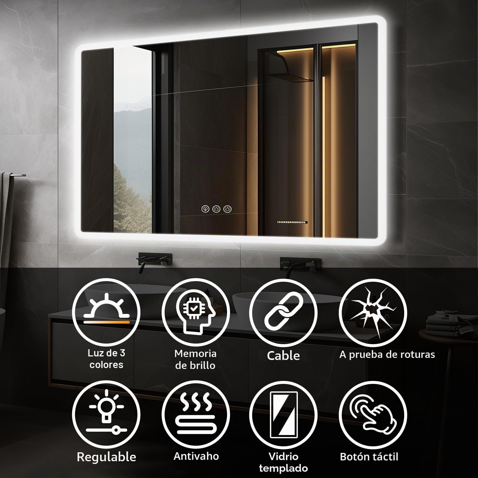 Ratsamee Espejo Baño con Luz 100x70cm, Espejos de Baño con LED con Antivaho, Regulable, 3 Colores Luz, Función Memoria