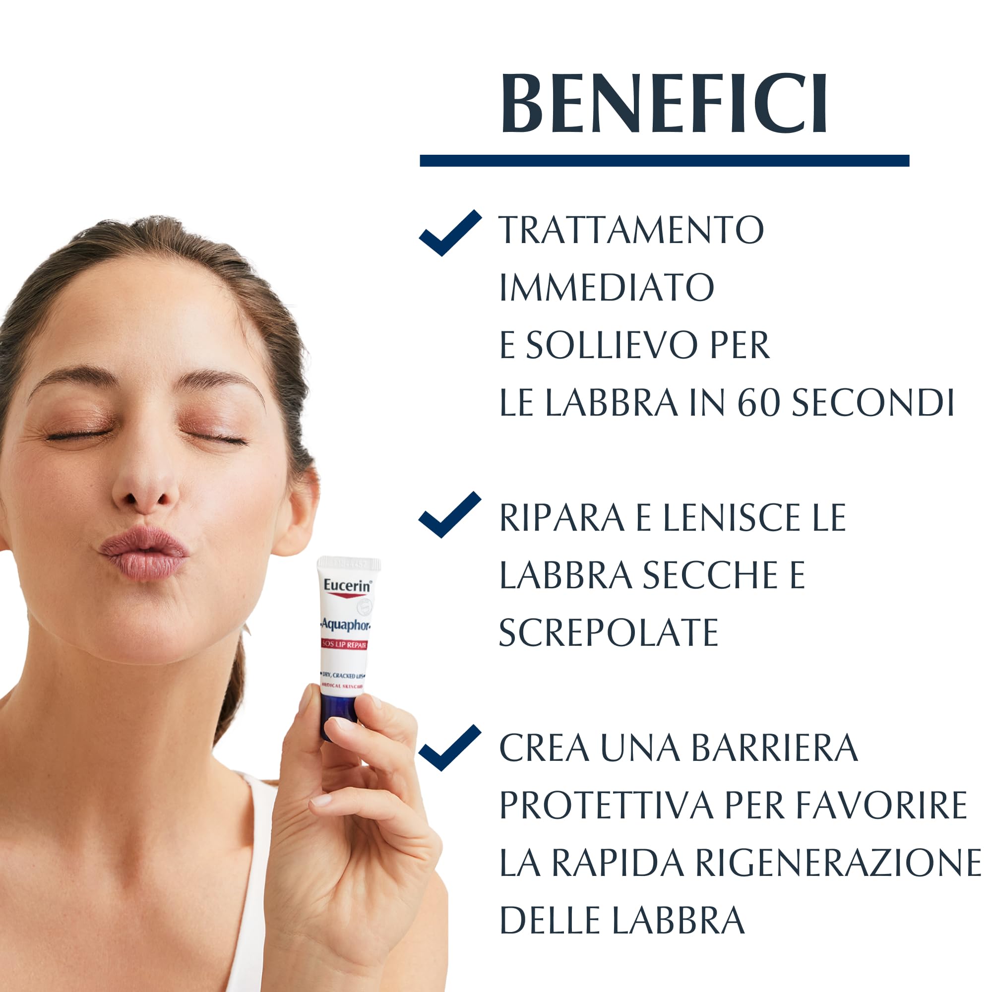 Eucerin Aquaphor SOS Riparatore Labbra 10 g, Balsamo labbra per cura e sollievo immediato in 60 secondi, Burrocacao per pelle secca, screpolata e danneggiata ad azione rapida