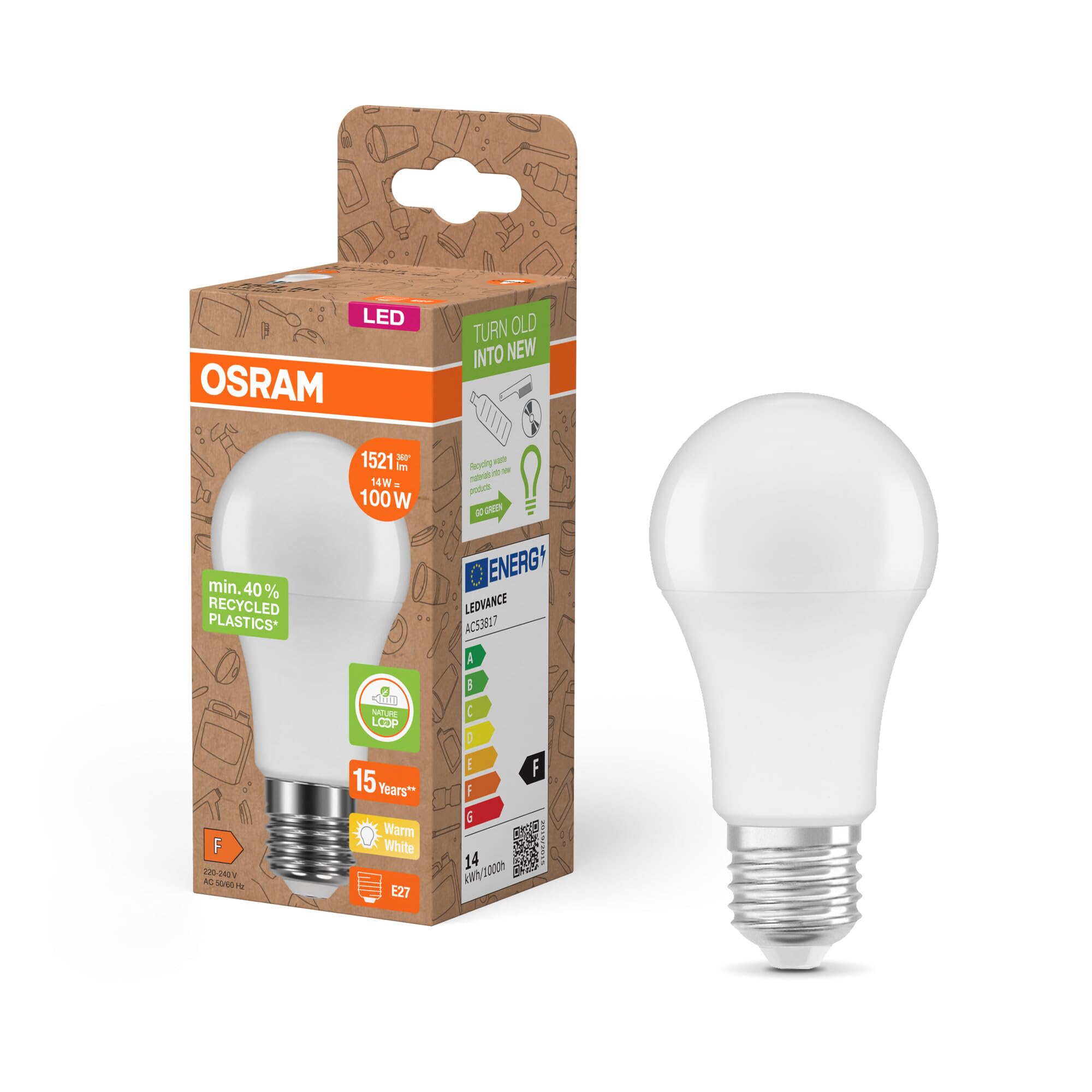 Osram LED STAR CLASSIC A 100 FR LED-Lampe, E27, klassische Kolbenform, weiß, 14W, 1521lm, 2700K, warmweißes Licht, sehr geringer Energieverbrauch, mit recyceltem Kunststoff, 6 - Pack