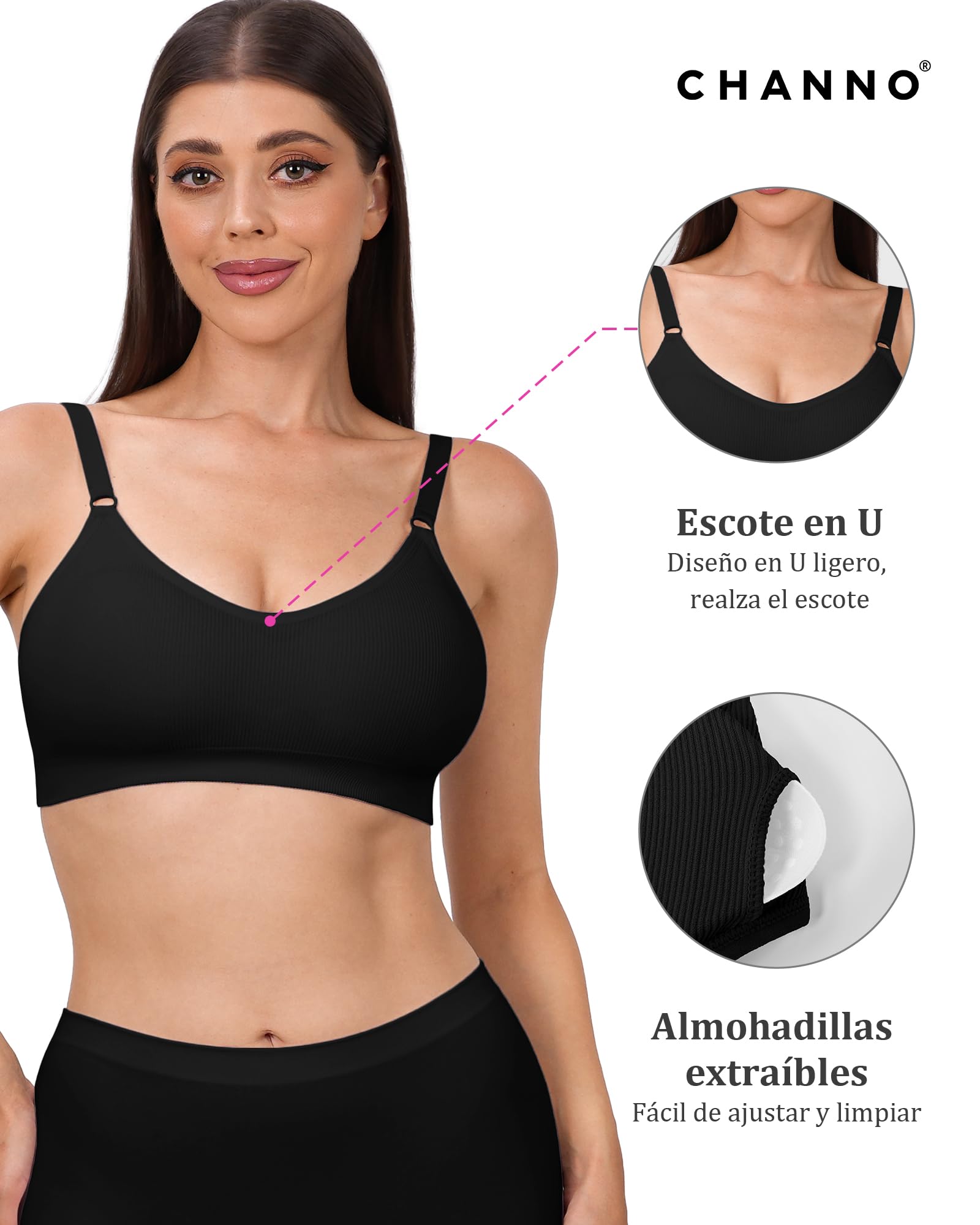 Channo Sujetador Deportivo sin Aros: Tela Licra Canalé con Tirantes Ajustables y Cierre en la Espalda sin Costuras Pack de 3