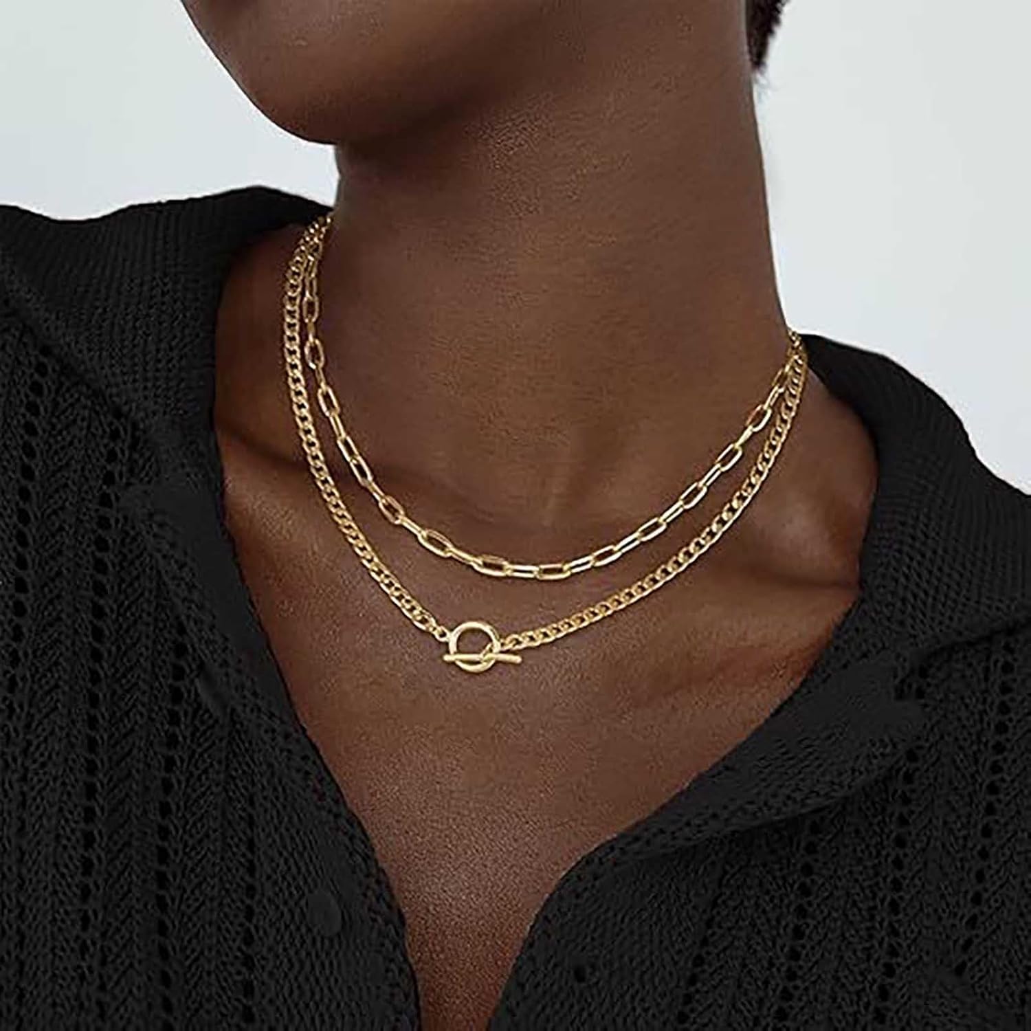 Andelaisi Boho Layered Paperclip Necklace Vintage Toggle Clasp Necklace Gold Paper Clip Chain Adjustable Circle T Bar Choker Jewelry for Women - Image 4