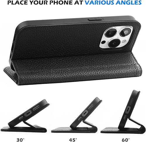 Miniatura 2 de WALLFID Funda de cuero para iPhone 14 Pro con tarjetero y función de soporte, piel auténtica, antiarañazos (negro)