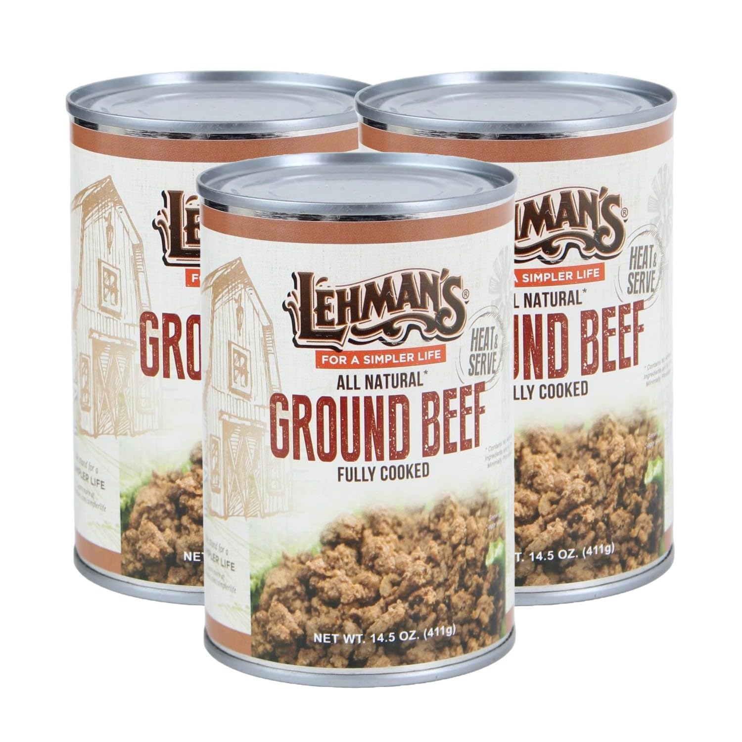 Lehman's All Natural Canned Meat, USA Made Ready to Eat for Everyday, Camping or Emergencies, 14.5 oz each, Pack of 3, Pork