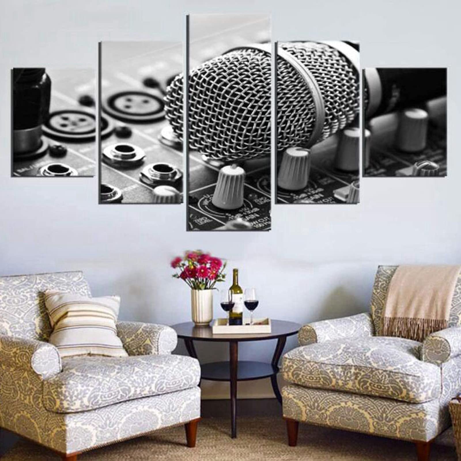 Quadro su Tela,Immagini Musicali per Soggiorno Arredamento Camera da Letto Microfono DJ Rock Band Stampa 5 Pannelli Poster HD Pittura con Cornice Pronta da Appendere Framed,S