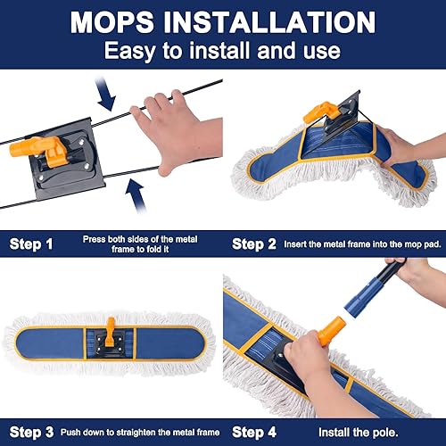 Miniatura 6 de Trapeador de polvo comercial de 24 pulgadas para limpieza de suelos, plumero resistente con 2 almohadillas de algodón reutilizables, mango largo de